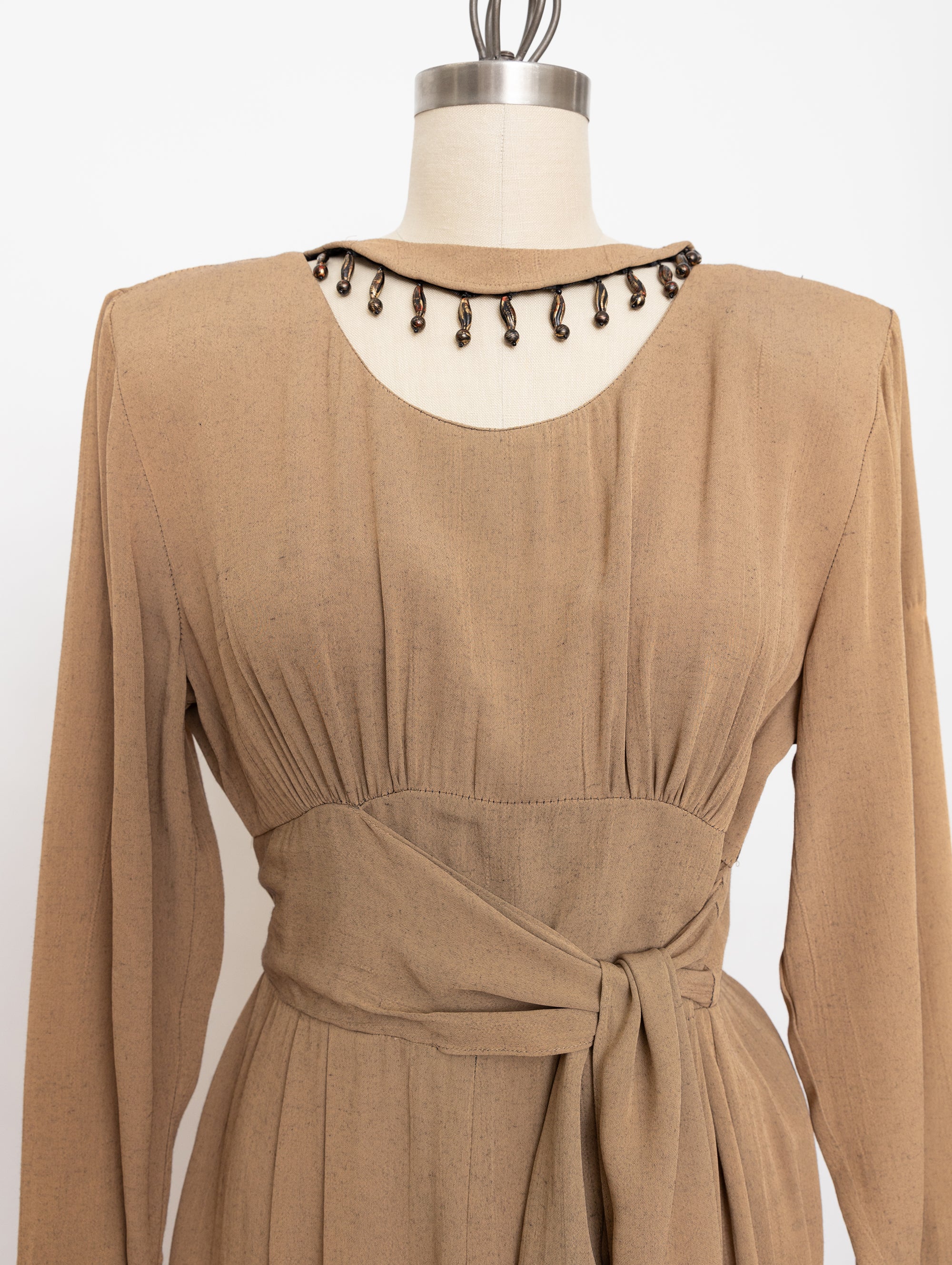 90s beige beaded neckline jumpsuit with waist tie