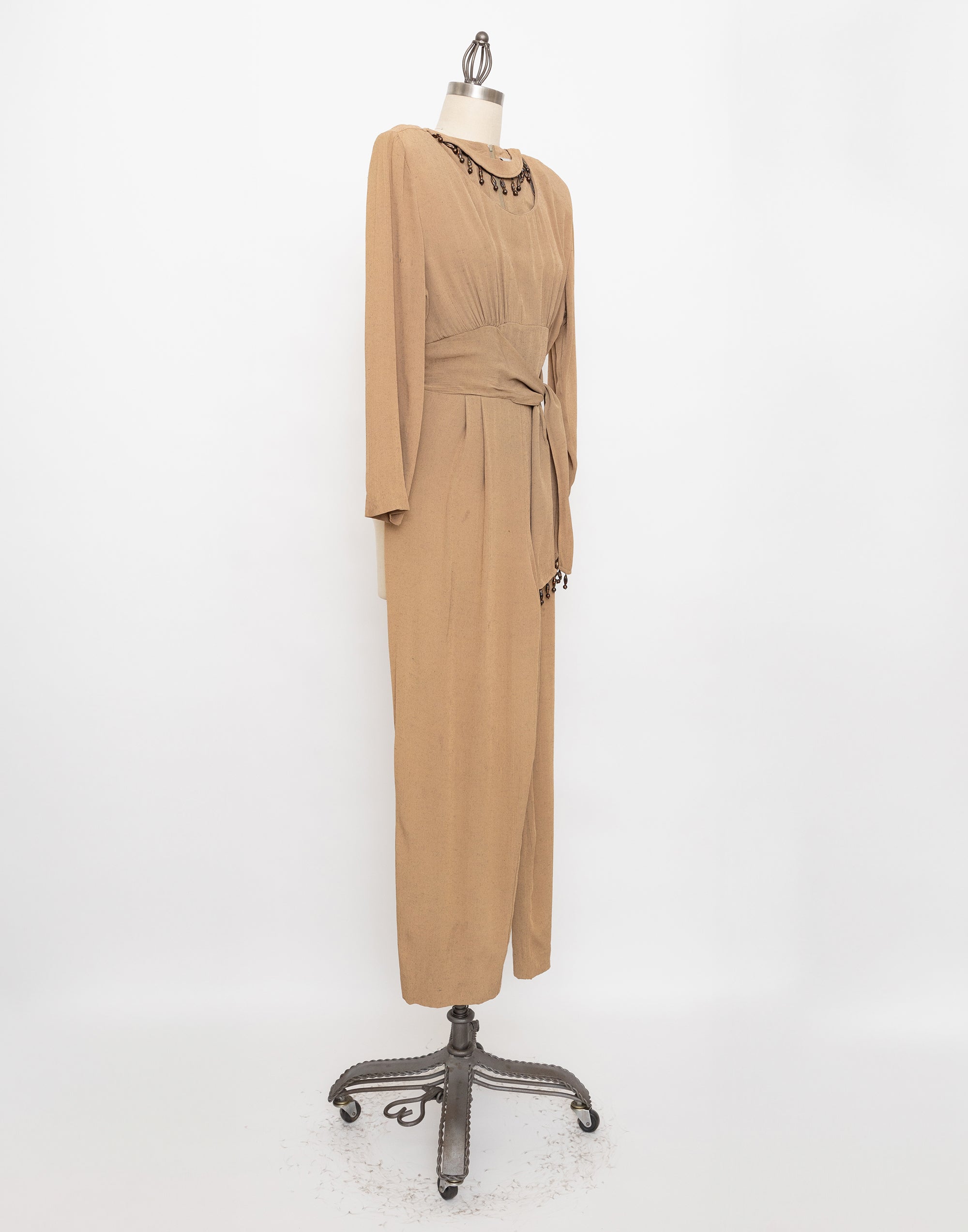 90s beige beaded neckline jumpsuit with waist tie