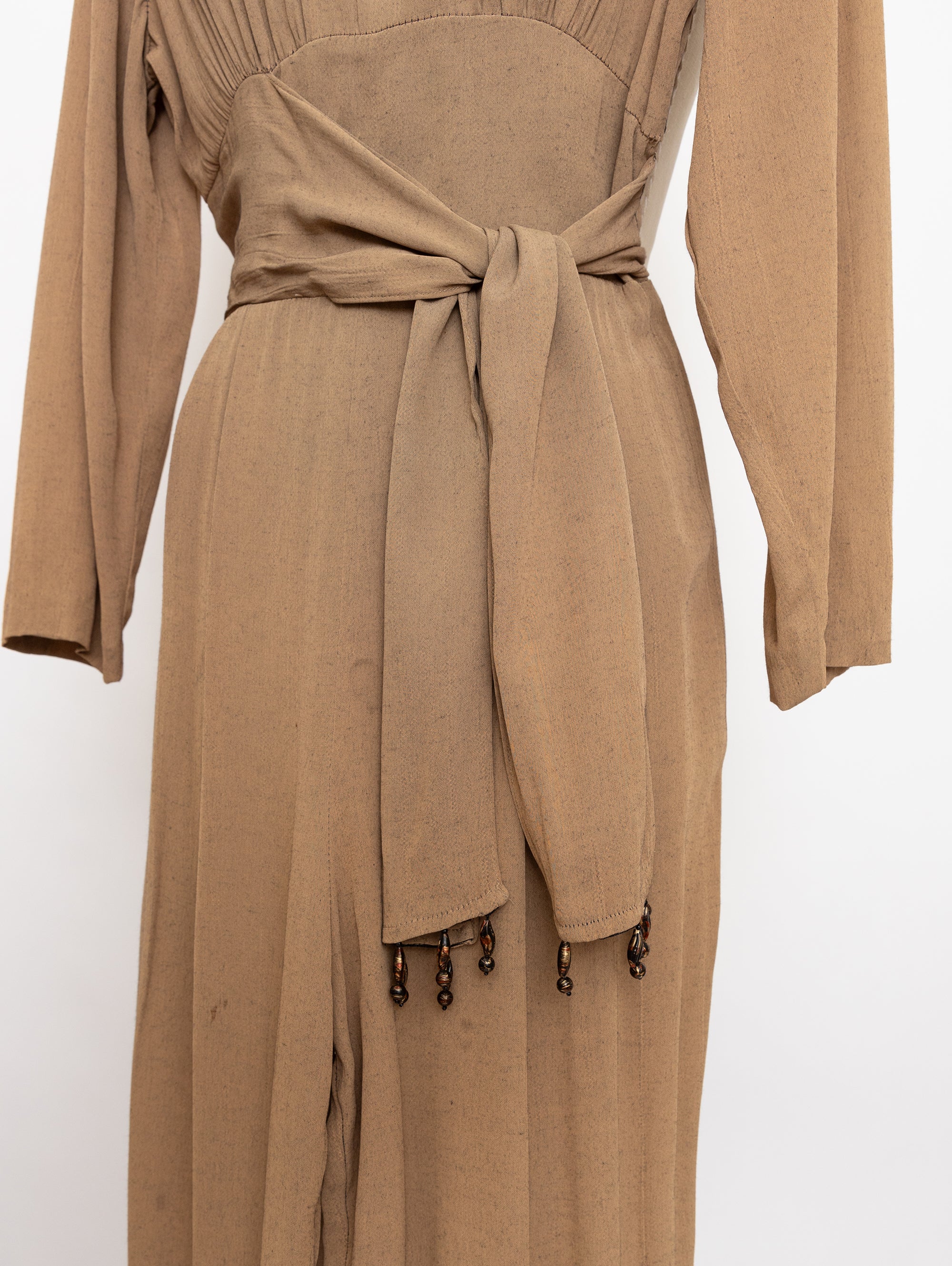 90s beige beaded neckline jumpsuit with waist tie
