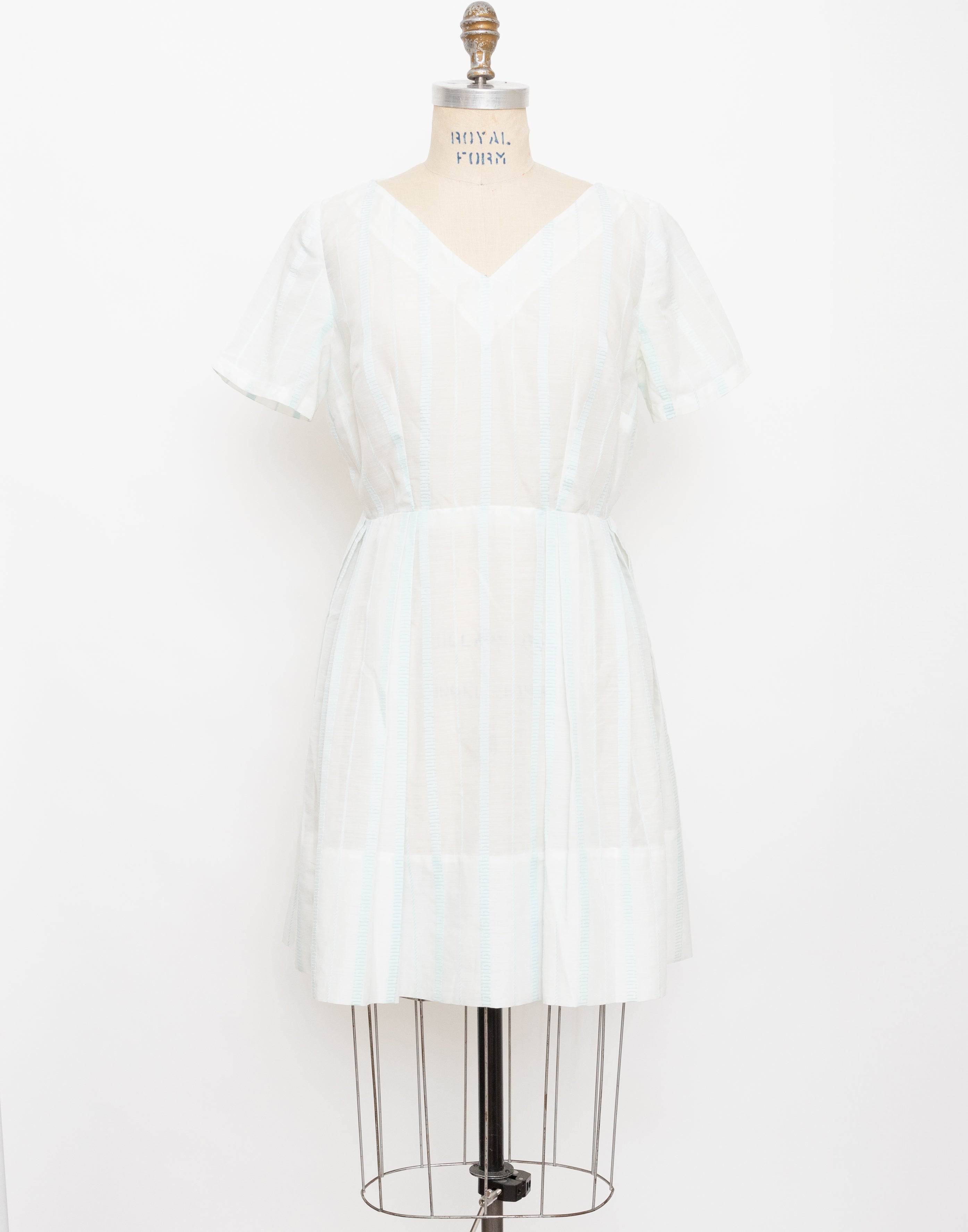 60s semi-sheer white + light blue wide-striped short sleeve dress