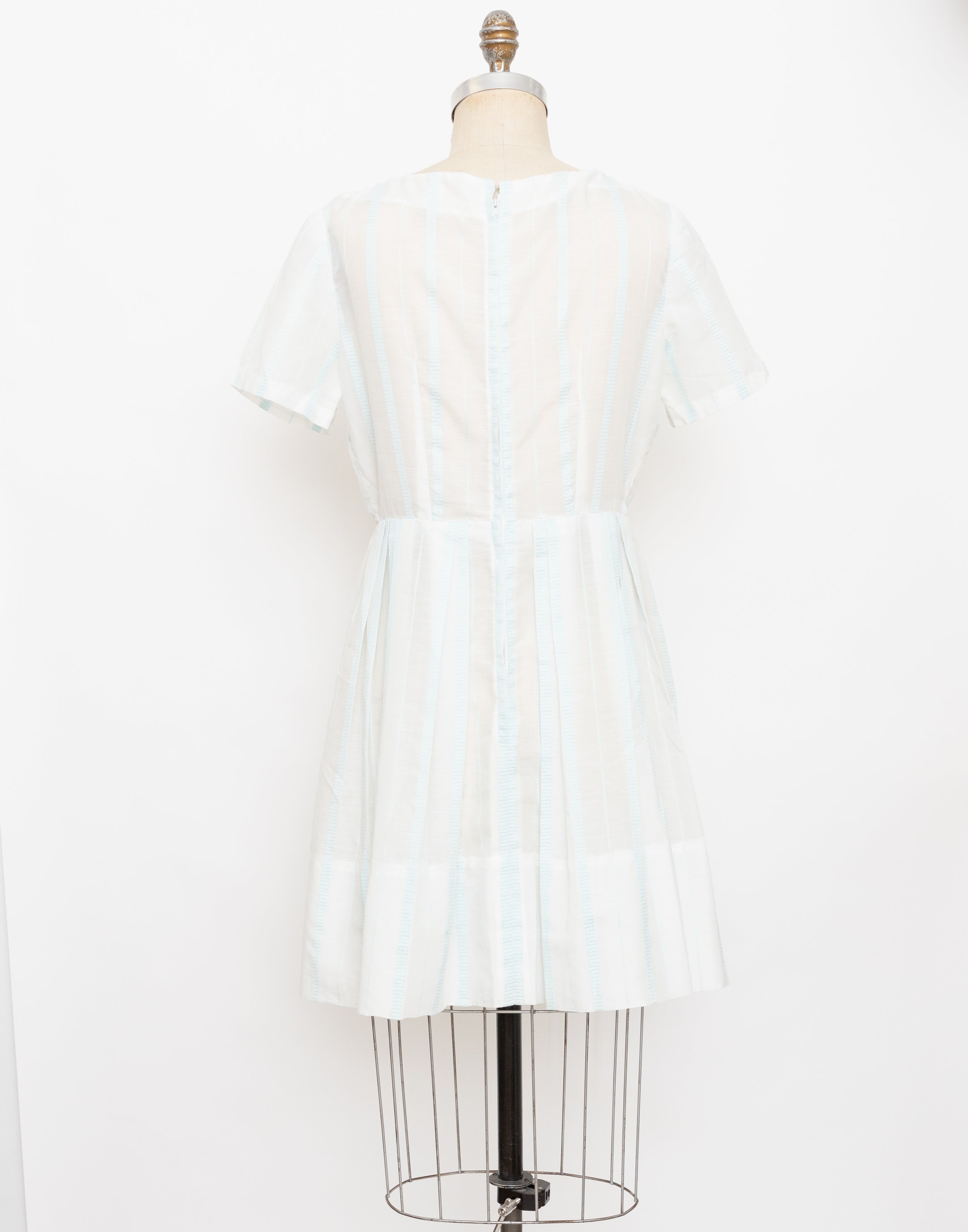 60s semi-sheer white + light blue wide-striped short sleeve dress