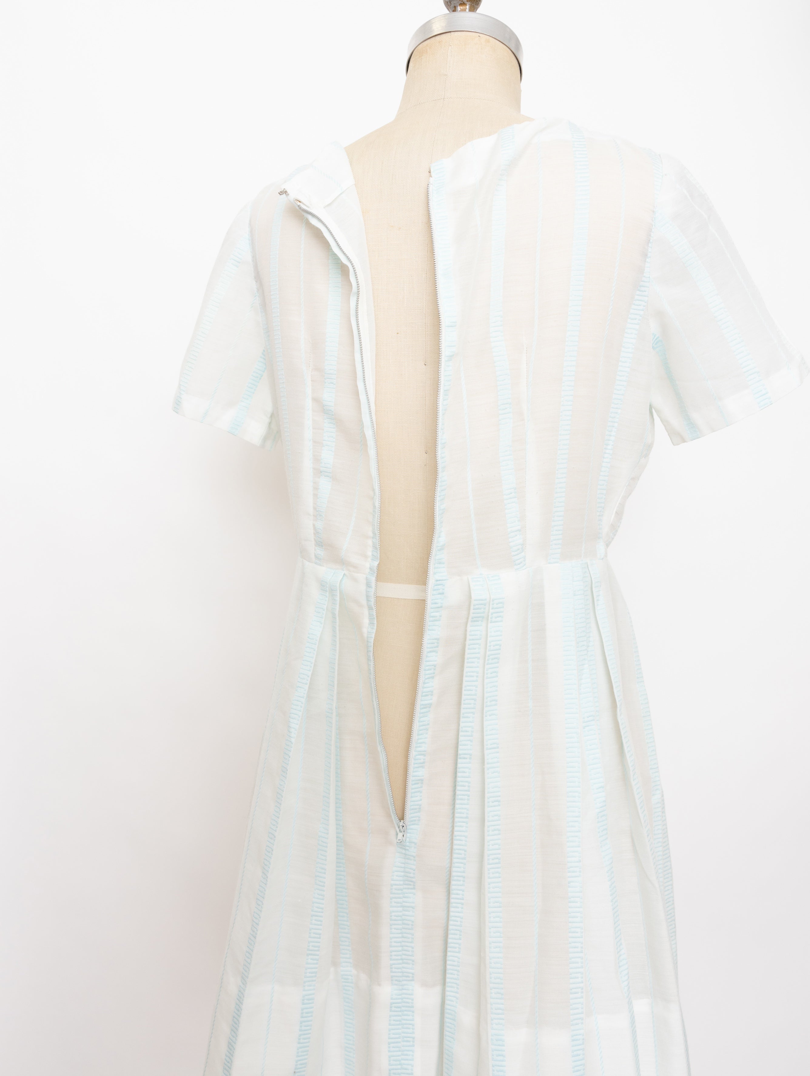 60s semi-sheer white + light blue wide-striped short sleeve dress
