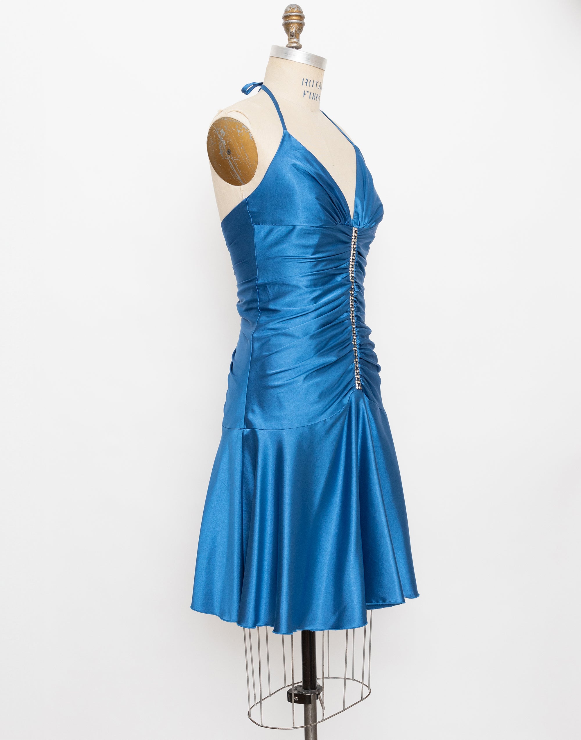 90s blue satin rhinestone halter dress