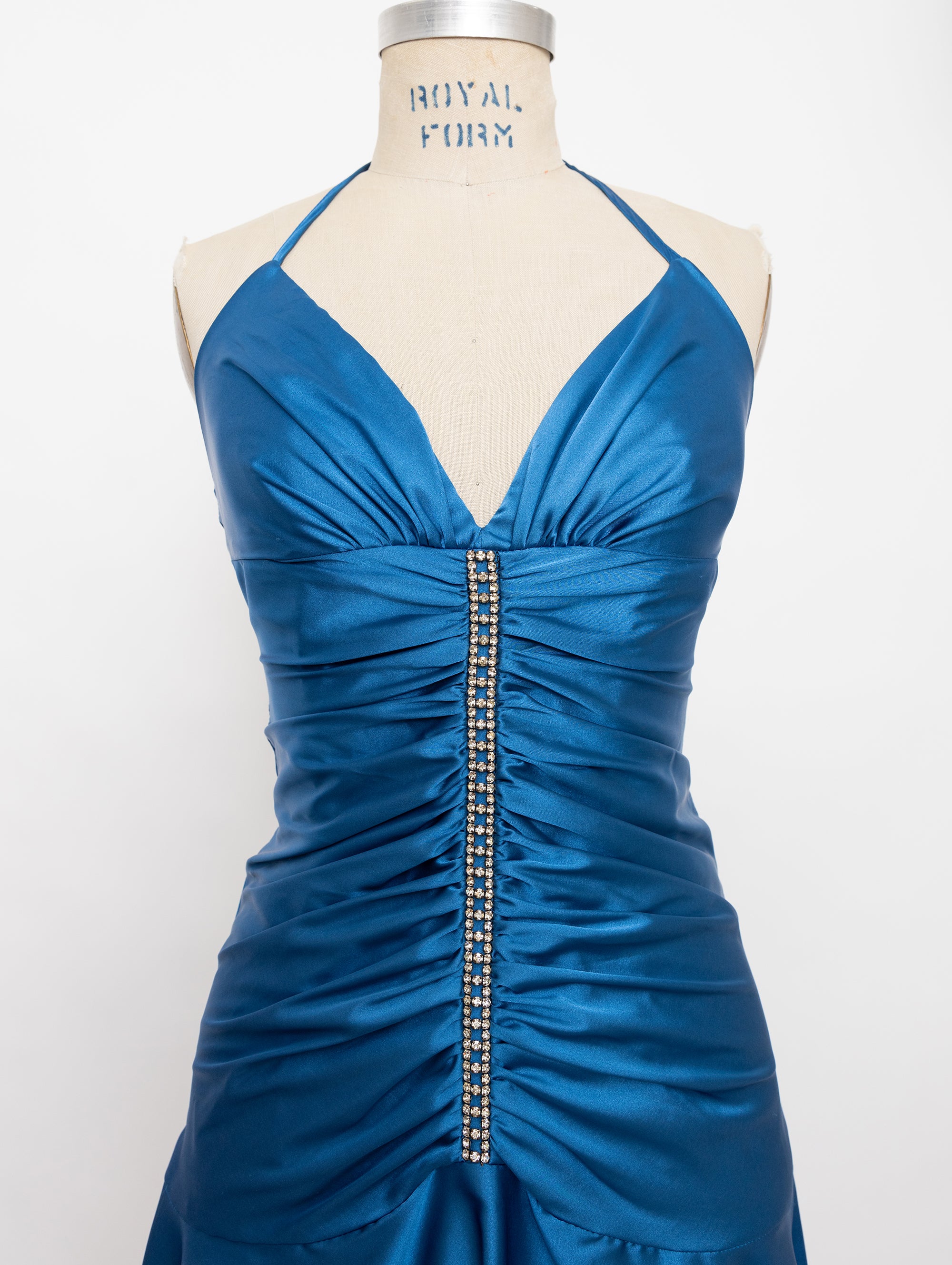 90s blue satin rhinestone halter dress
