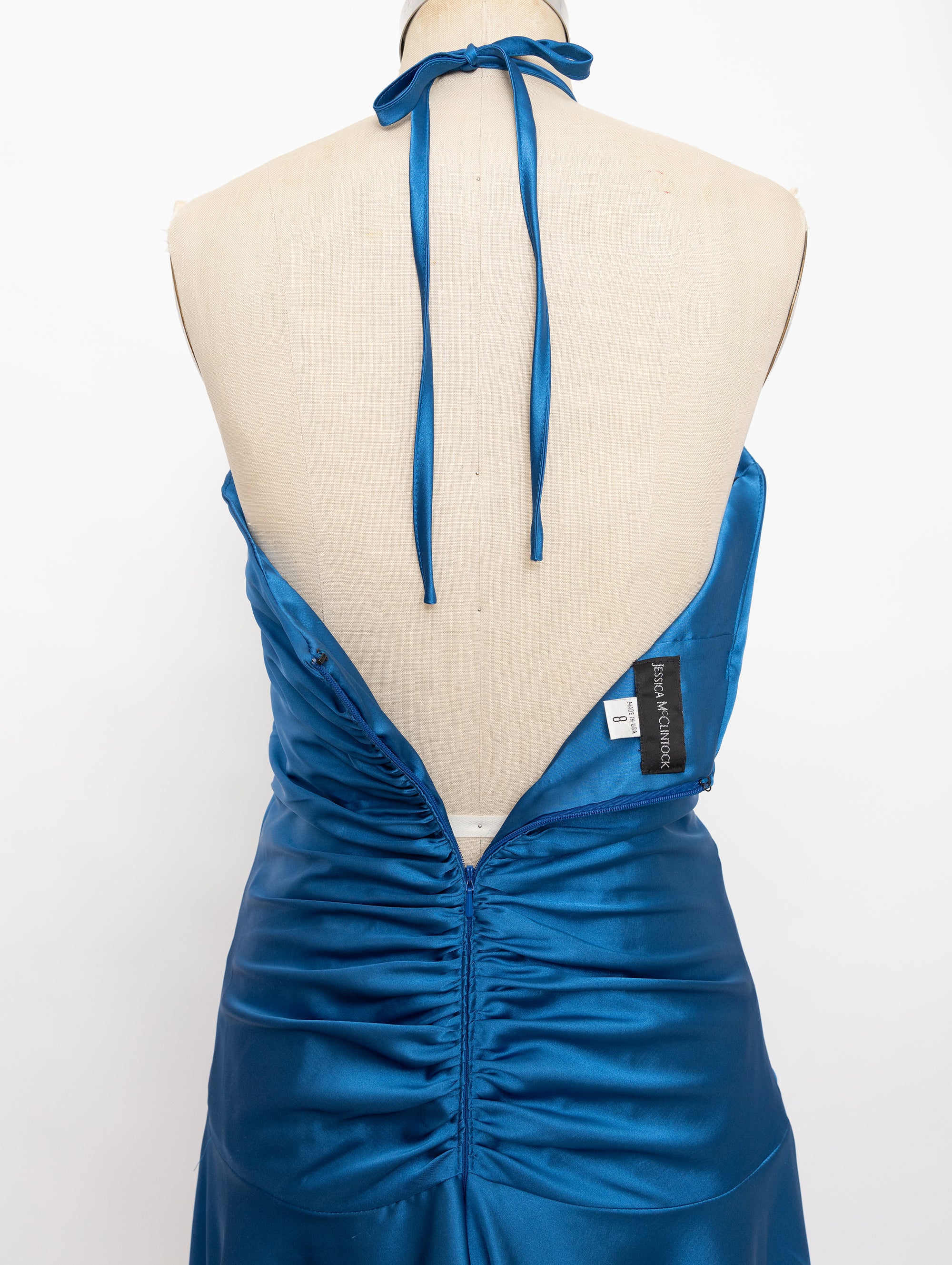 90s blue satin rhinestone halter dress