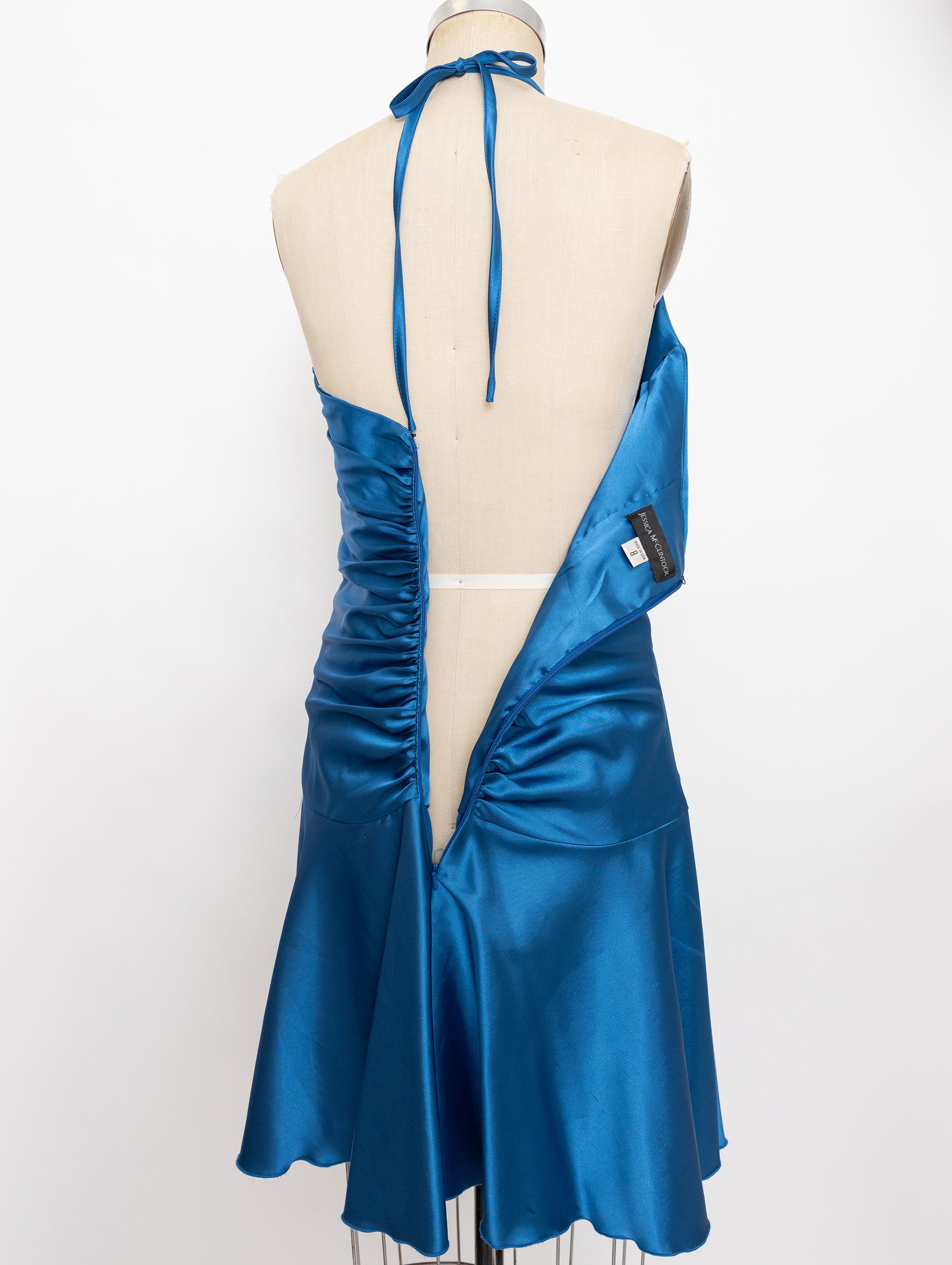 90s blue satin rhinestone halter dress