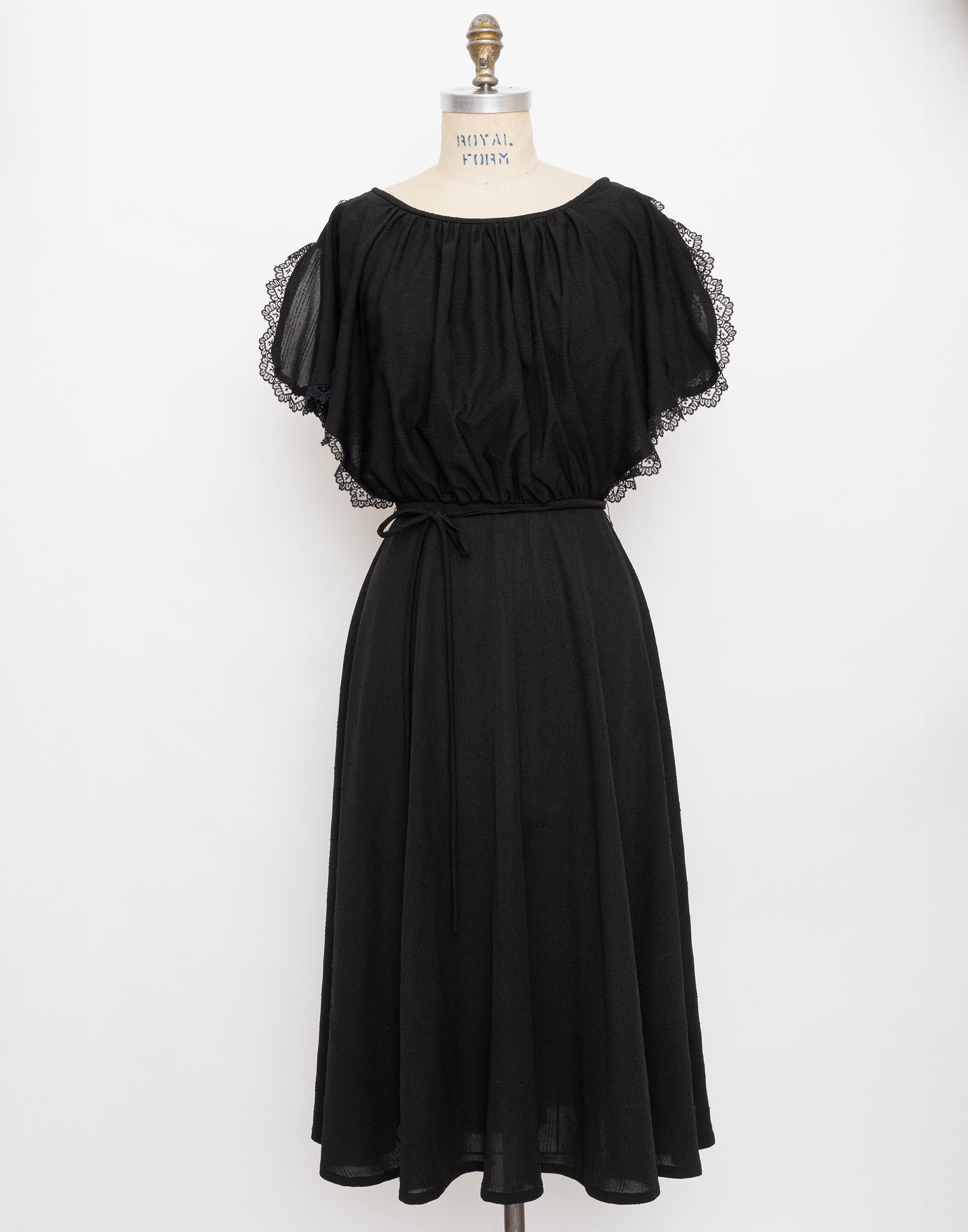 70s black split sleeve lace trim dress