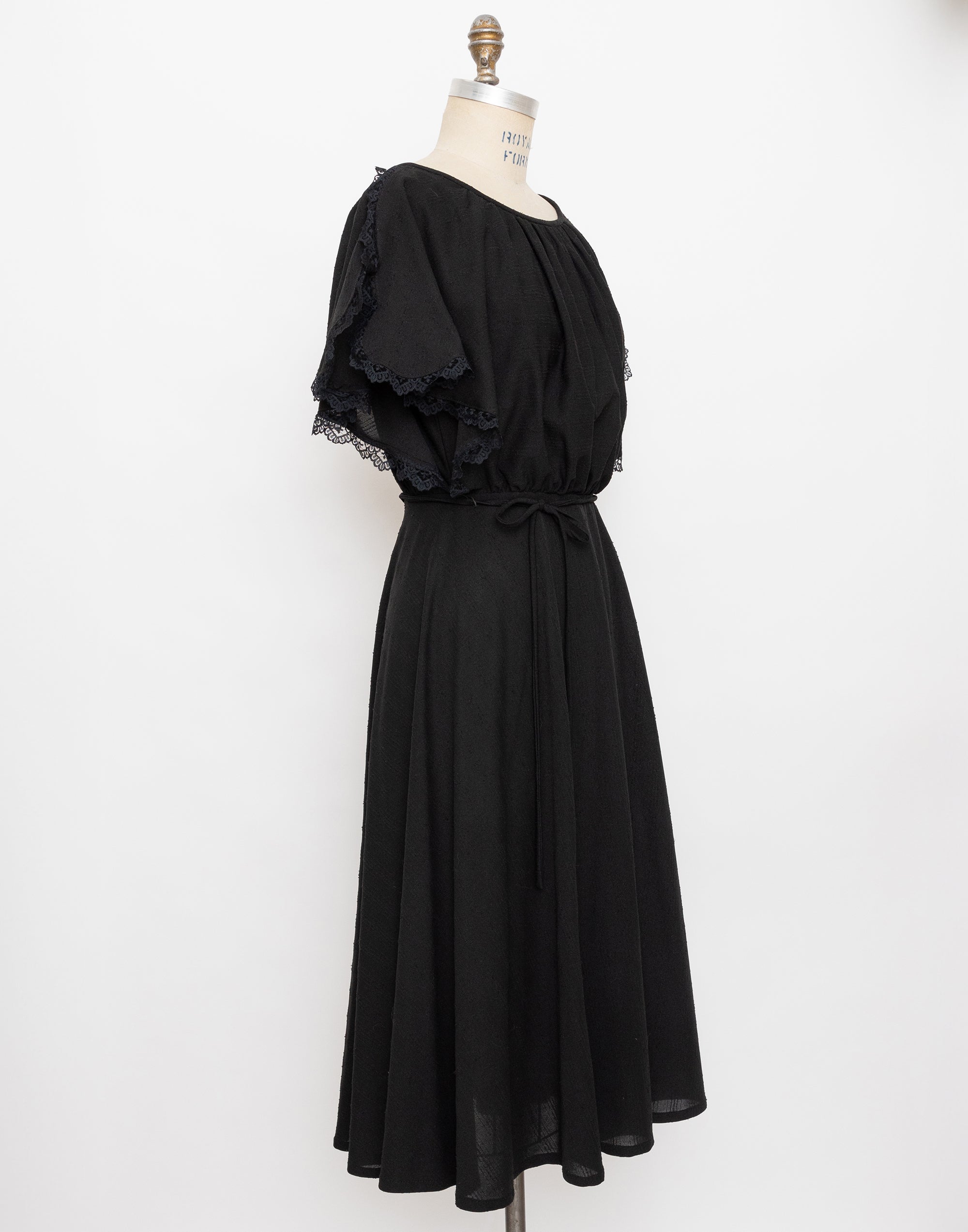 70s black split sleeve lace trim dress