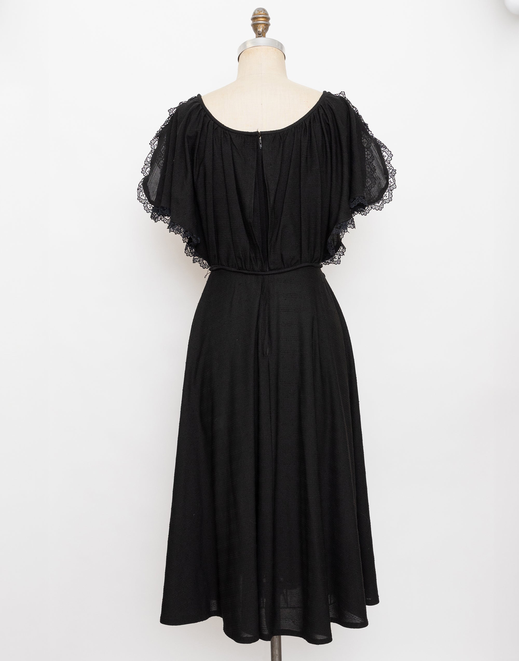 70s black split sleeve lace trim dress