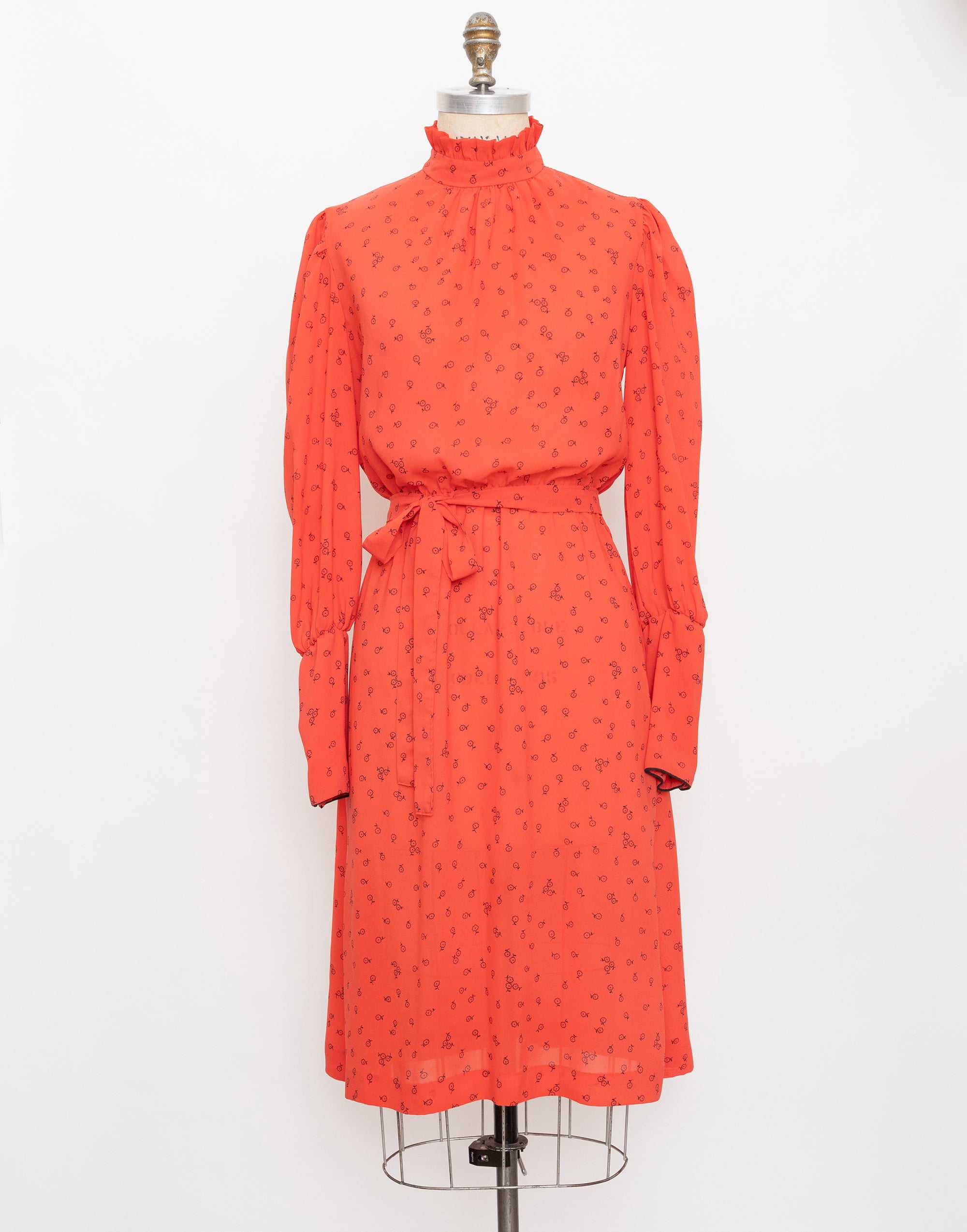 80s red and black mini floral print long sleeve dress