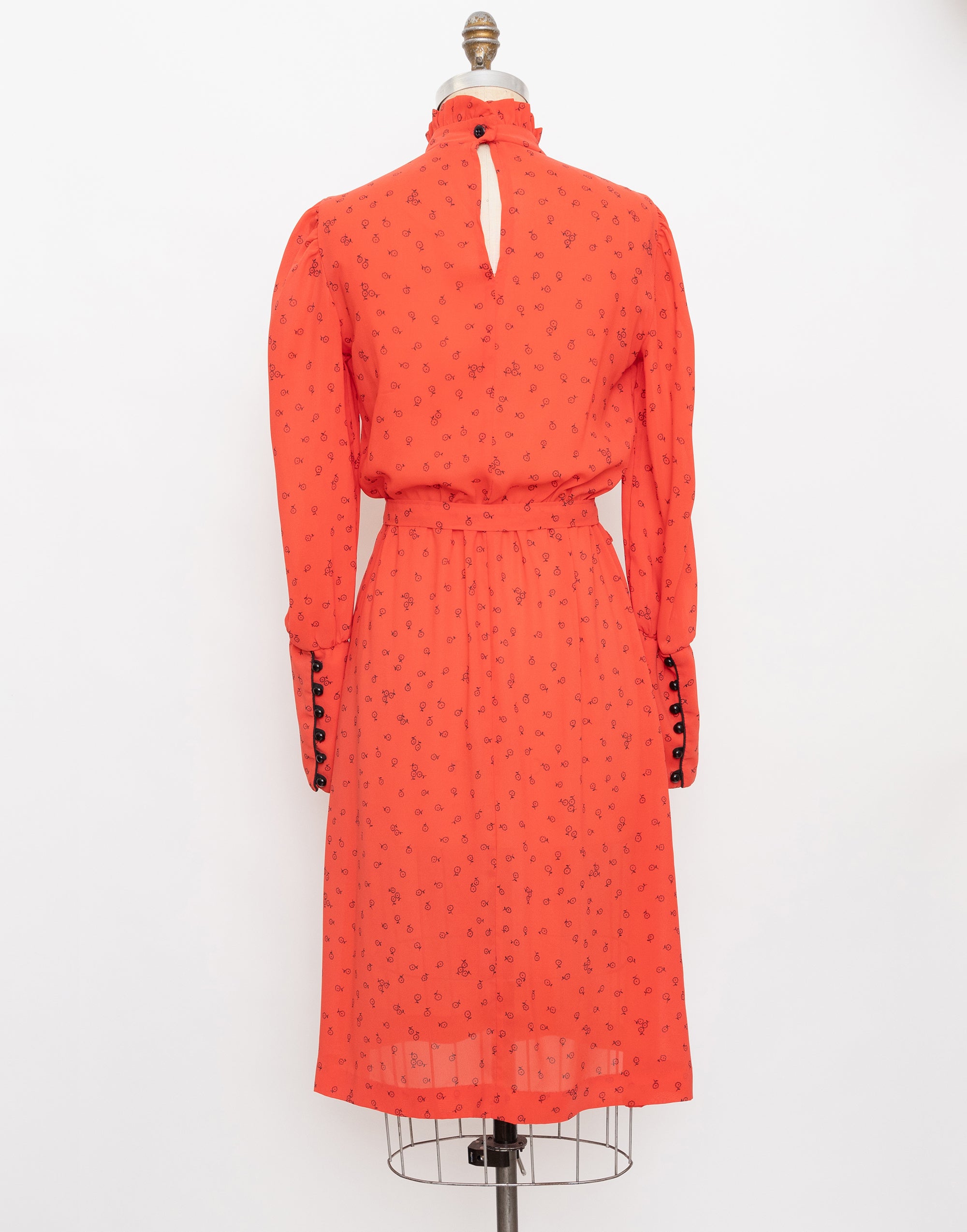 80s red and black mini floral print long sleeve dress
