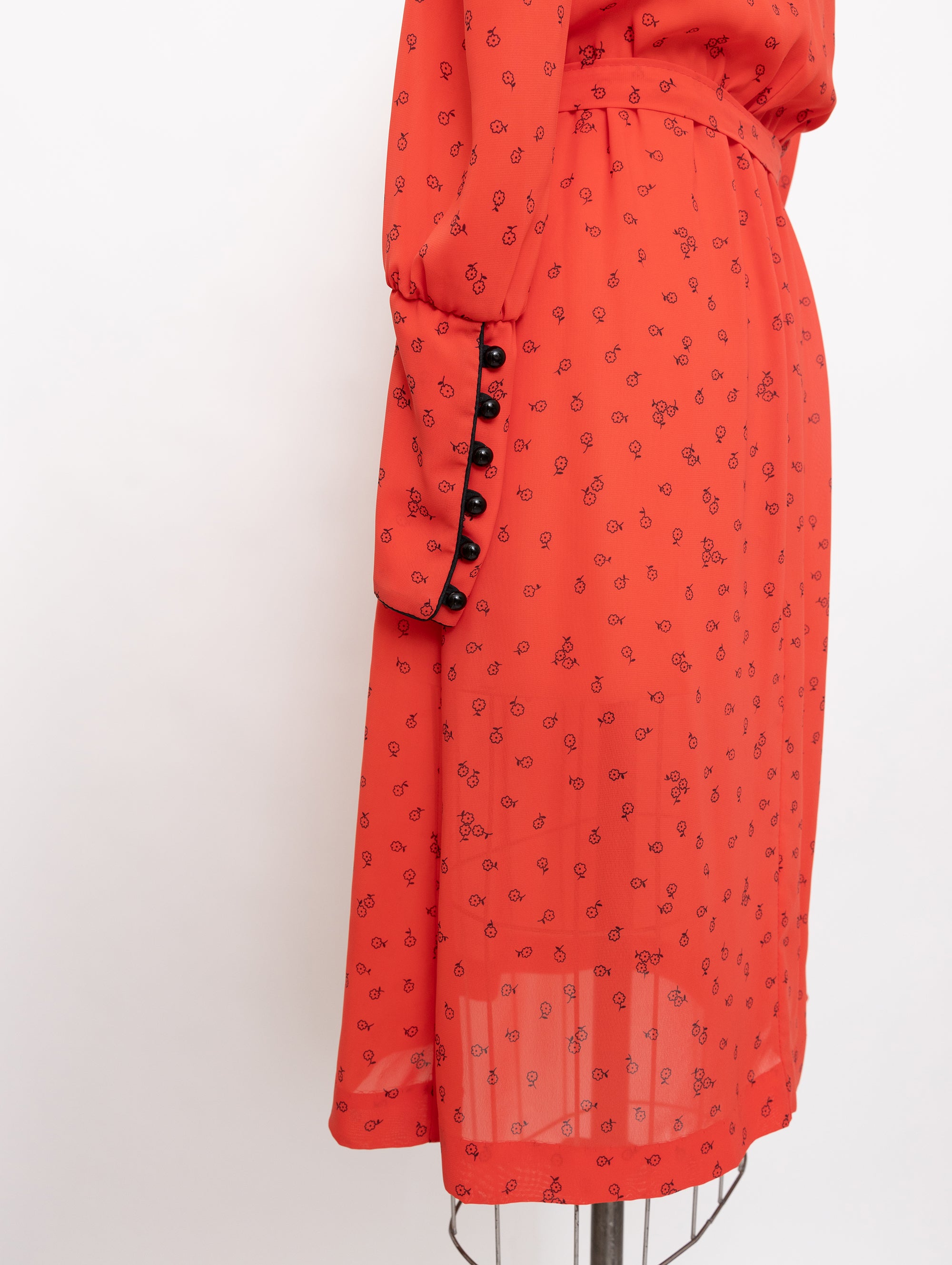 80s red and black mini floral print long sleeve dress