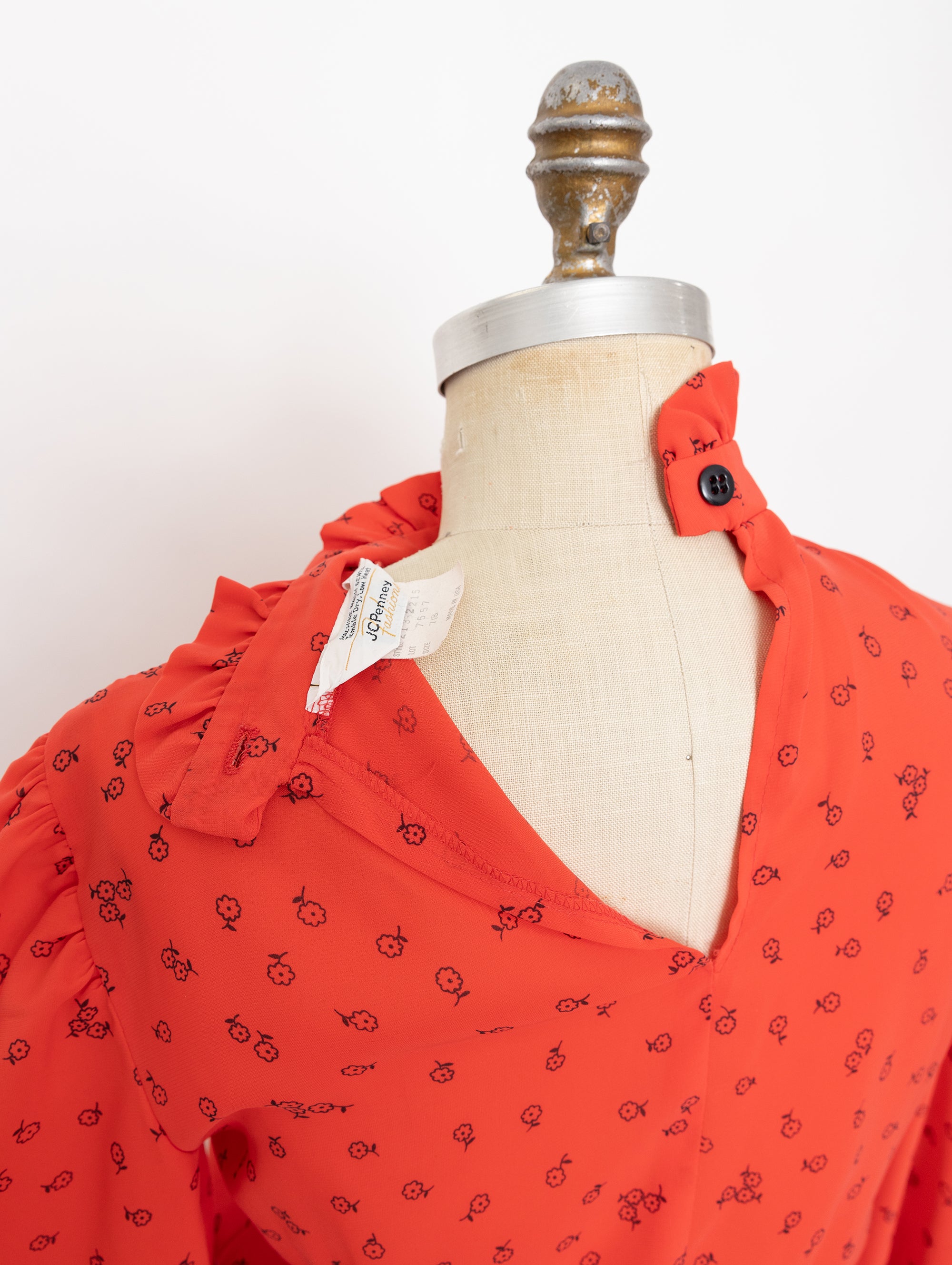 80s red and black mini floral print long sleeve dress
