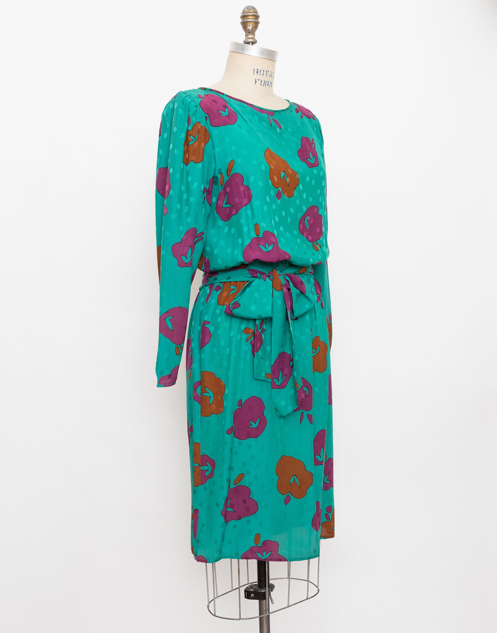80s turquoise abstract floral long sleeve dress