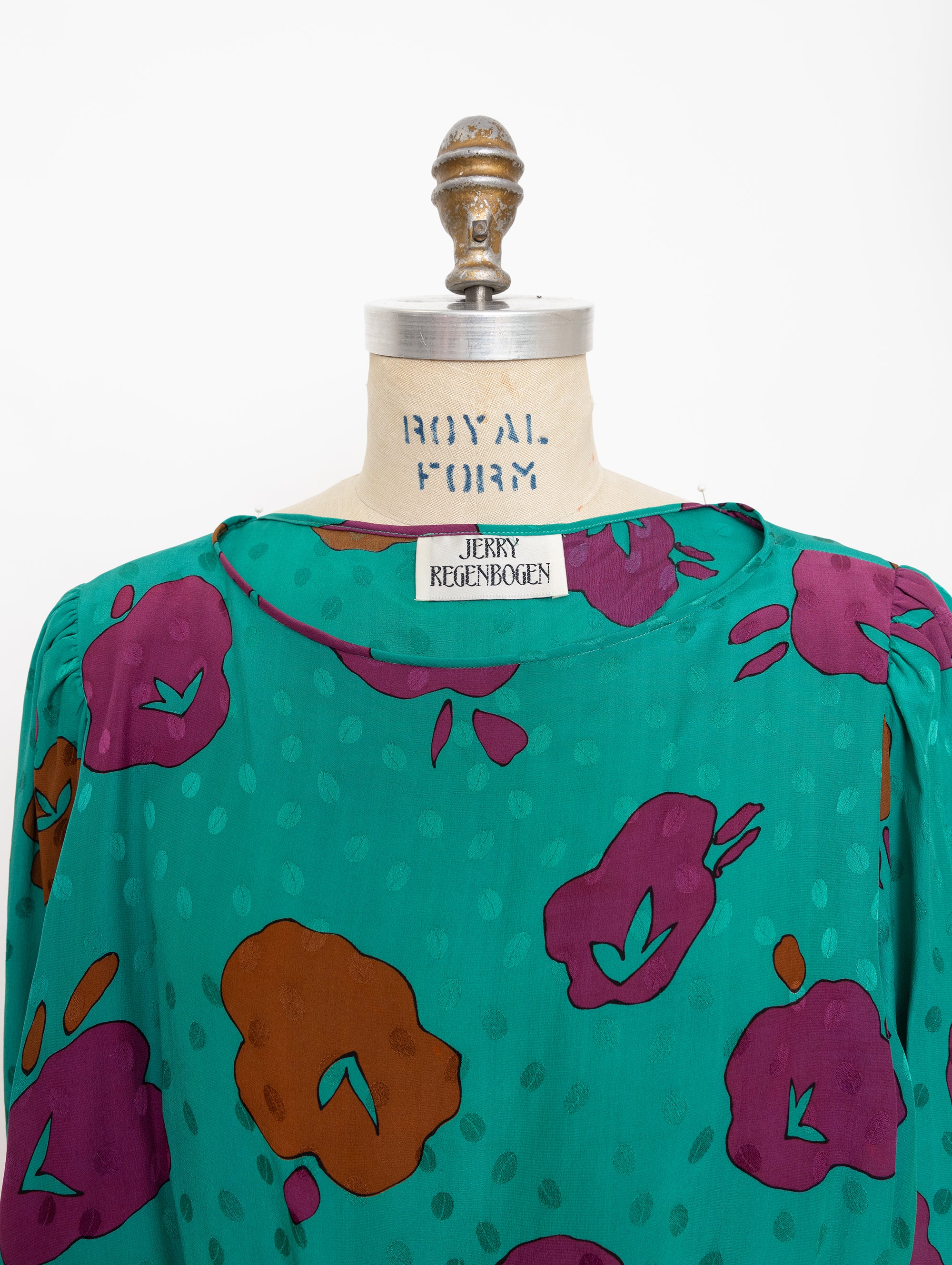 80s turquoise abstract floral long sleeve dress