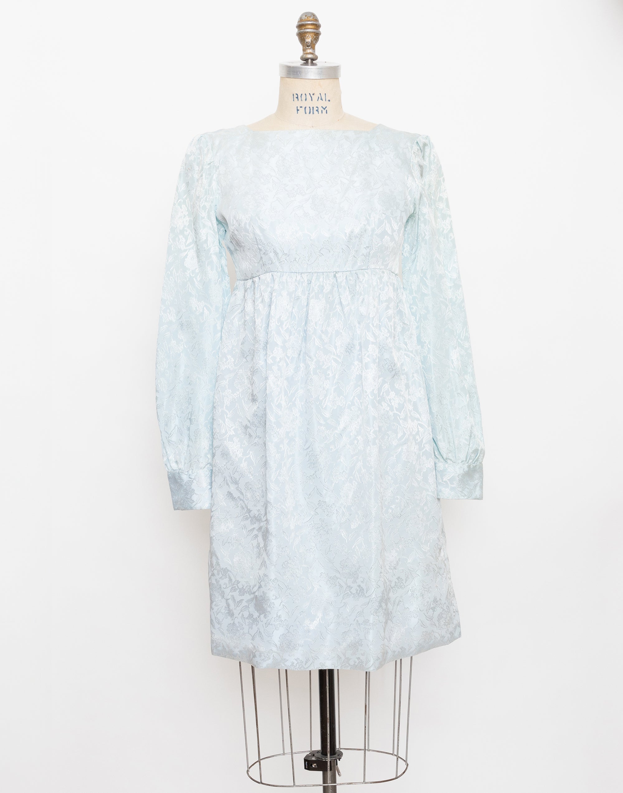 60s light blue jacquard long sleeve empire dress