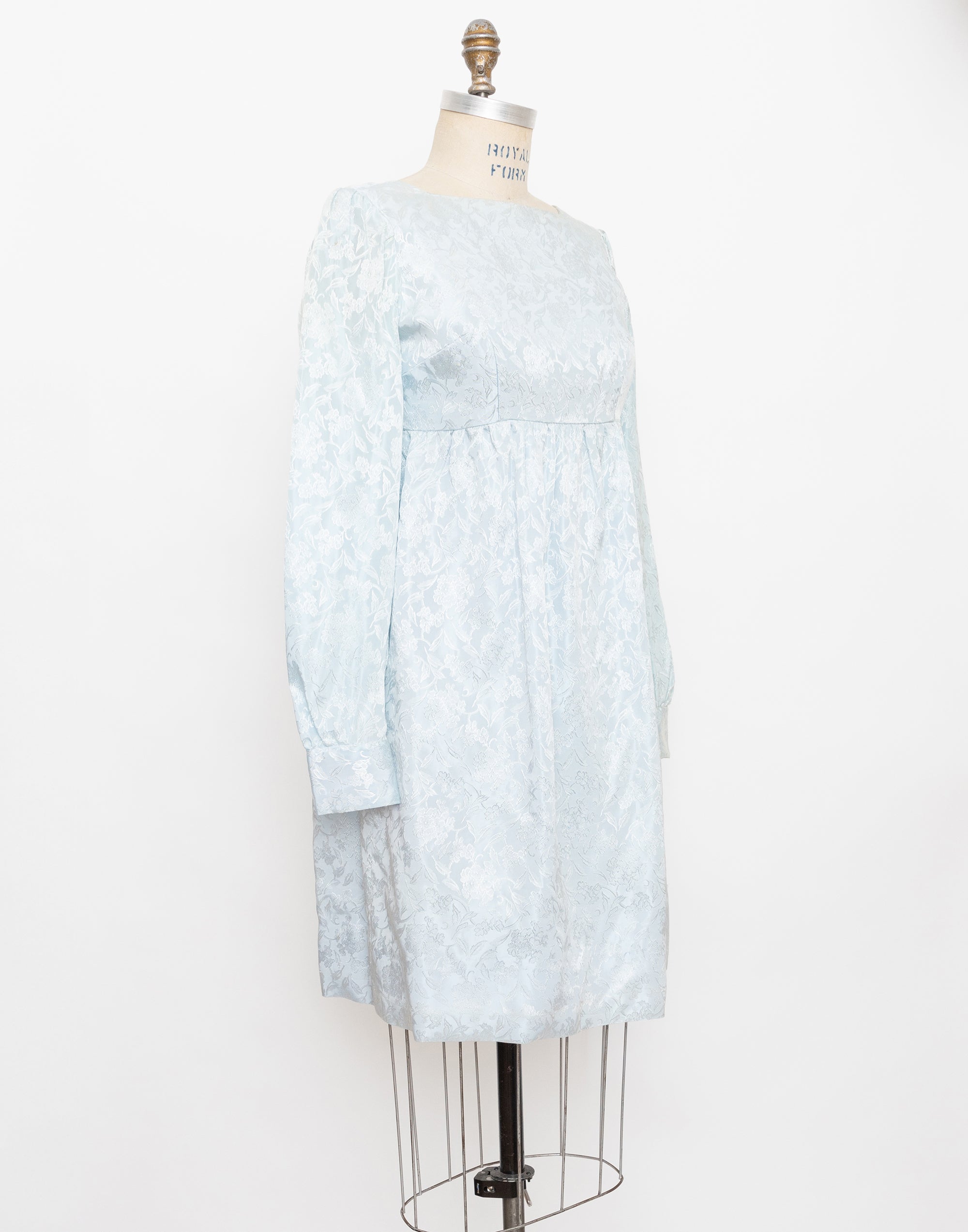 60s light blue jacquard long sleeve empire dress