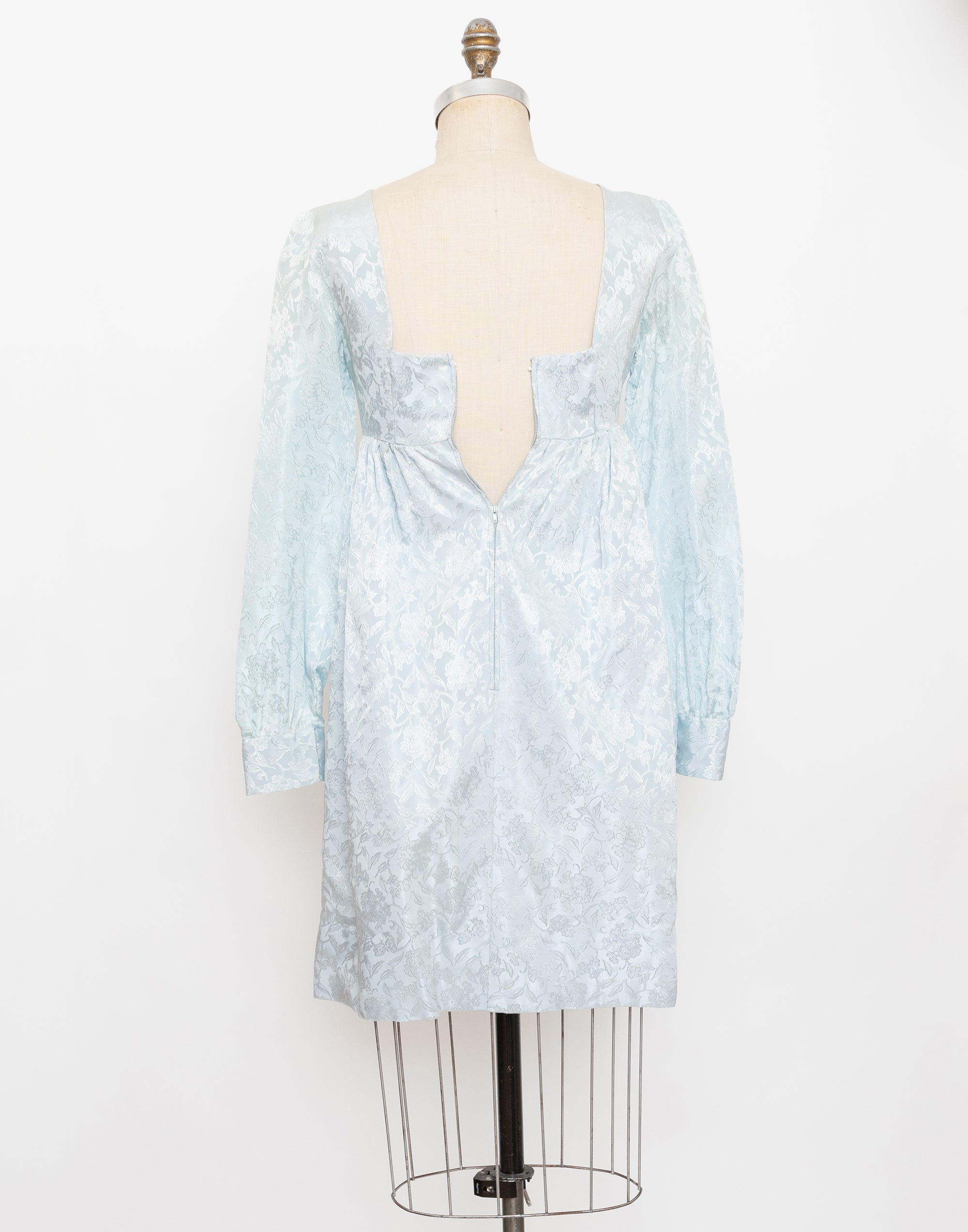 60s light blue jacquard long sleeve empire dress