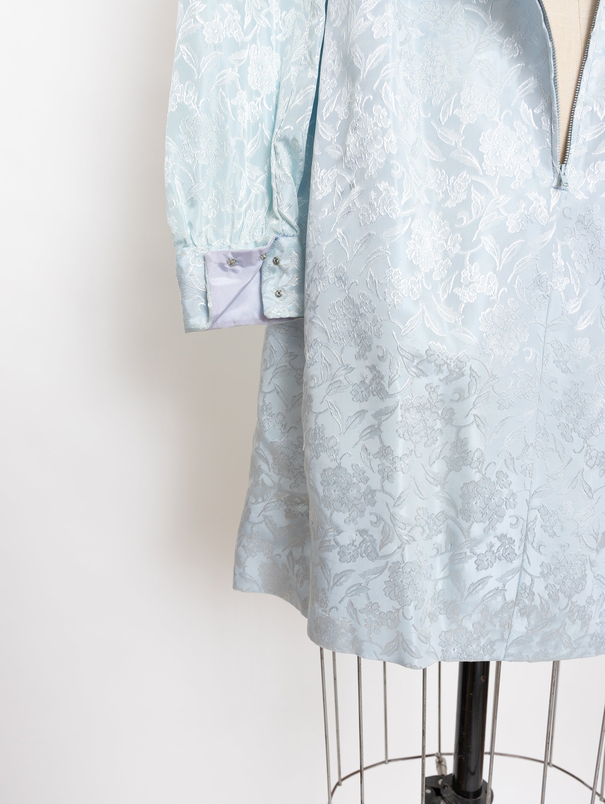 60s light blue jacquard long sleeve empire dress
