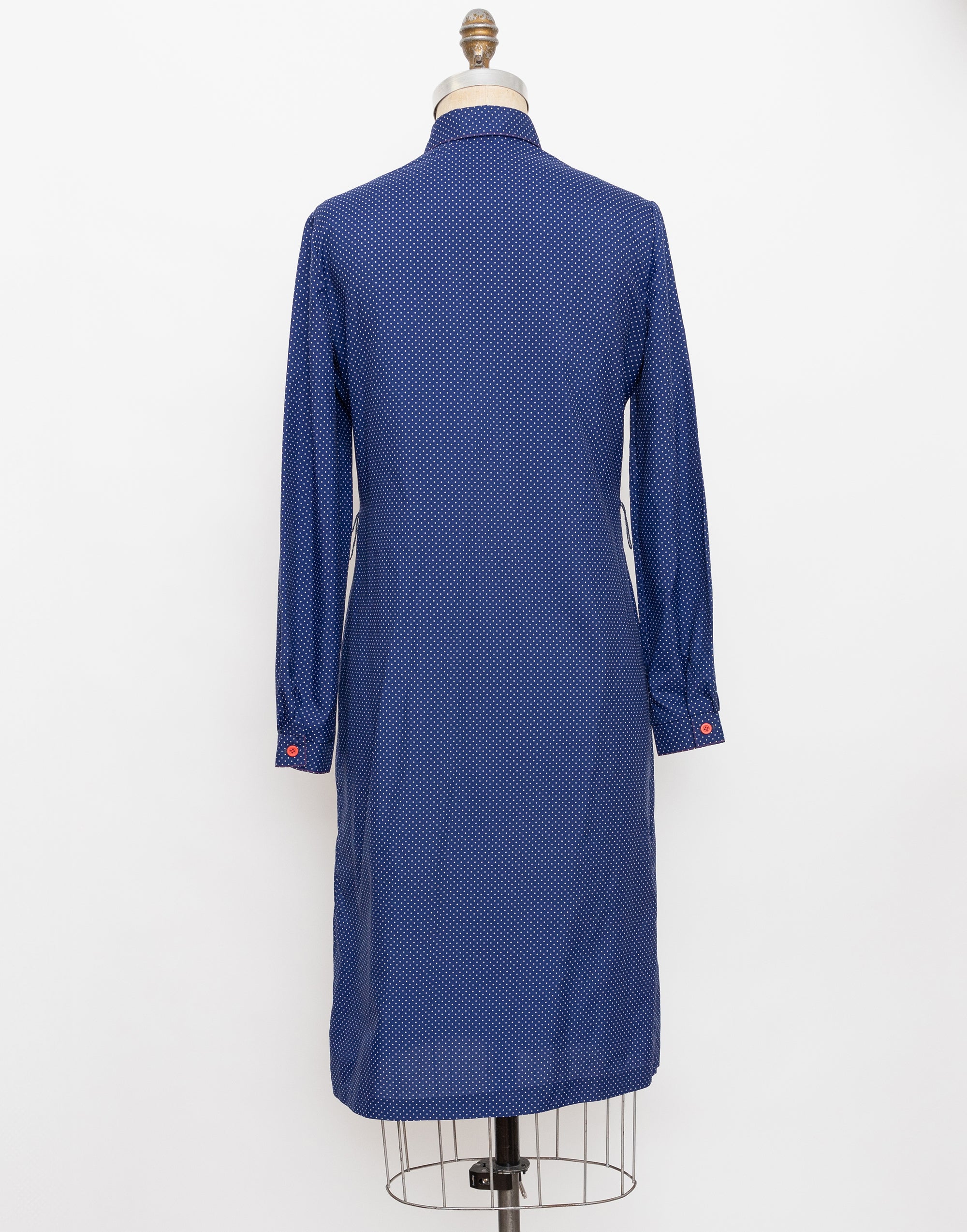 80s/90s Neiman Marcus navy small dot shirt dress with red pocket square detail 3