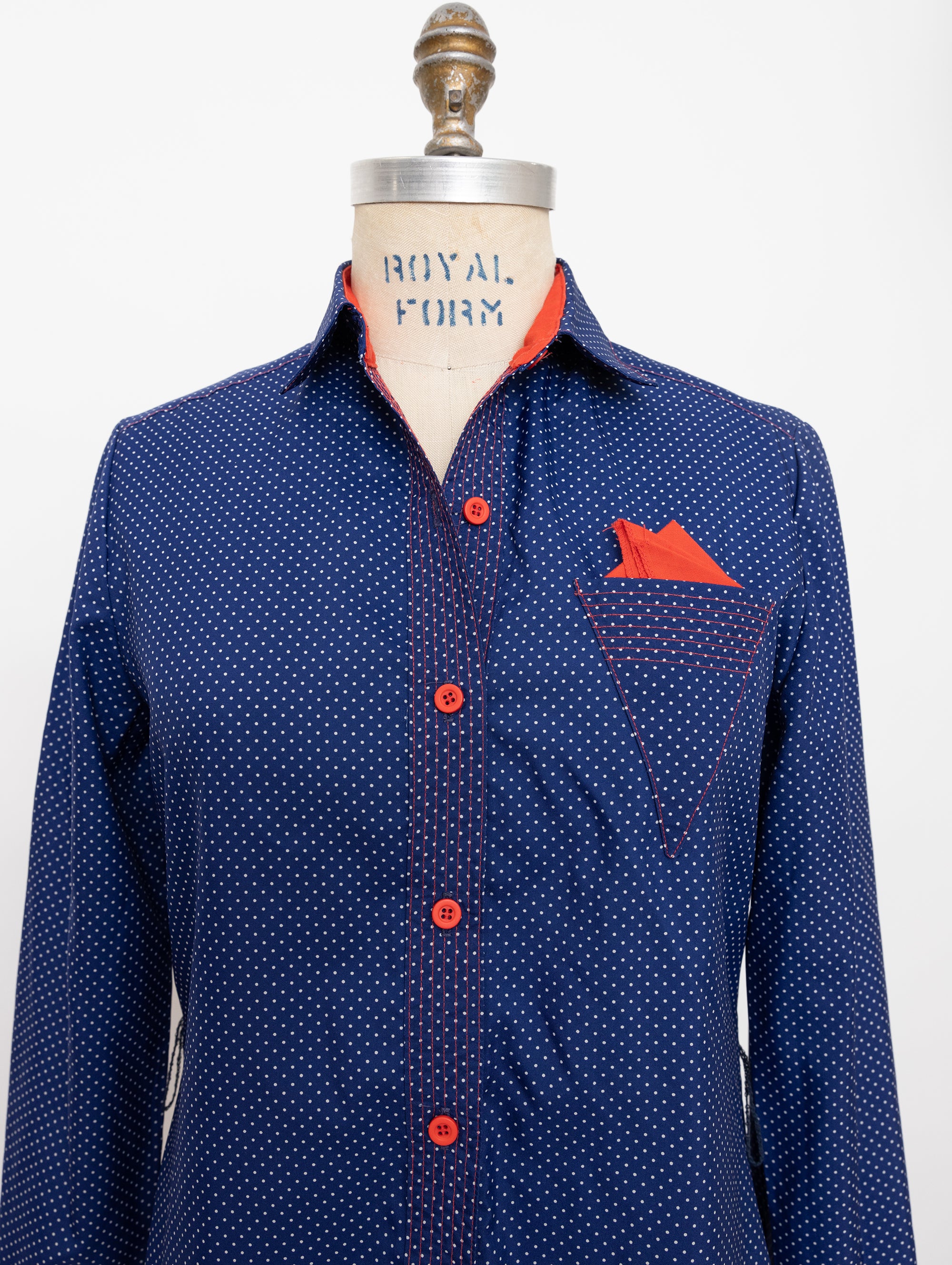 80s/90s Neiman Marcus navy small dot shirt dress with red pocket square detail