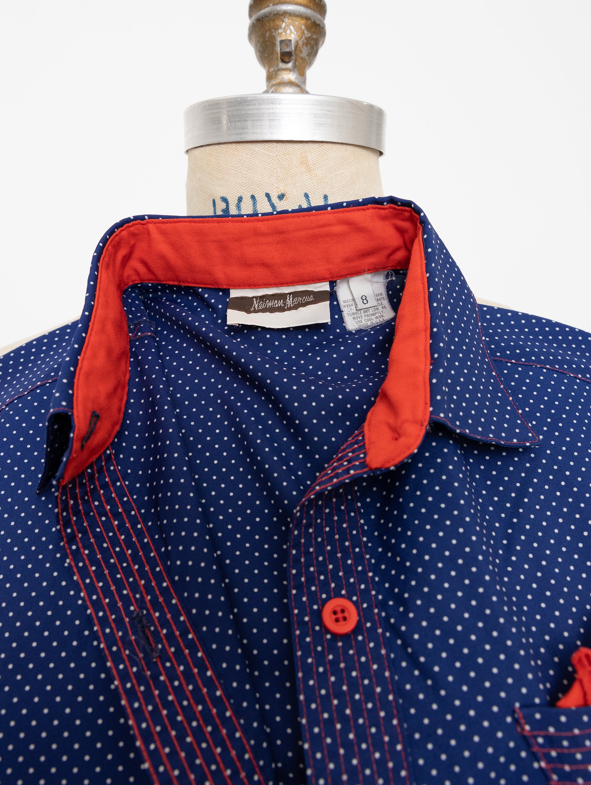 80s/90s Neiman Marcus navy small dot shirt dress with red pocket square detail 6
