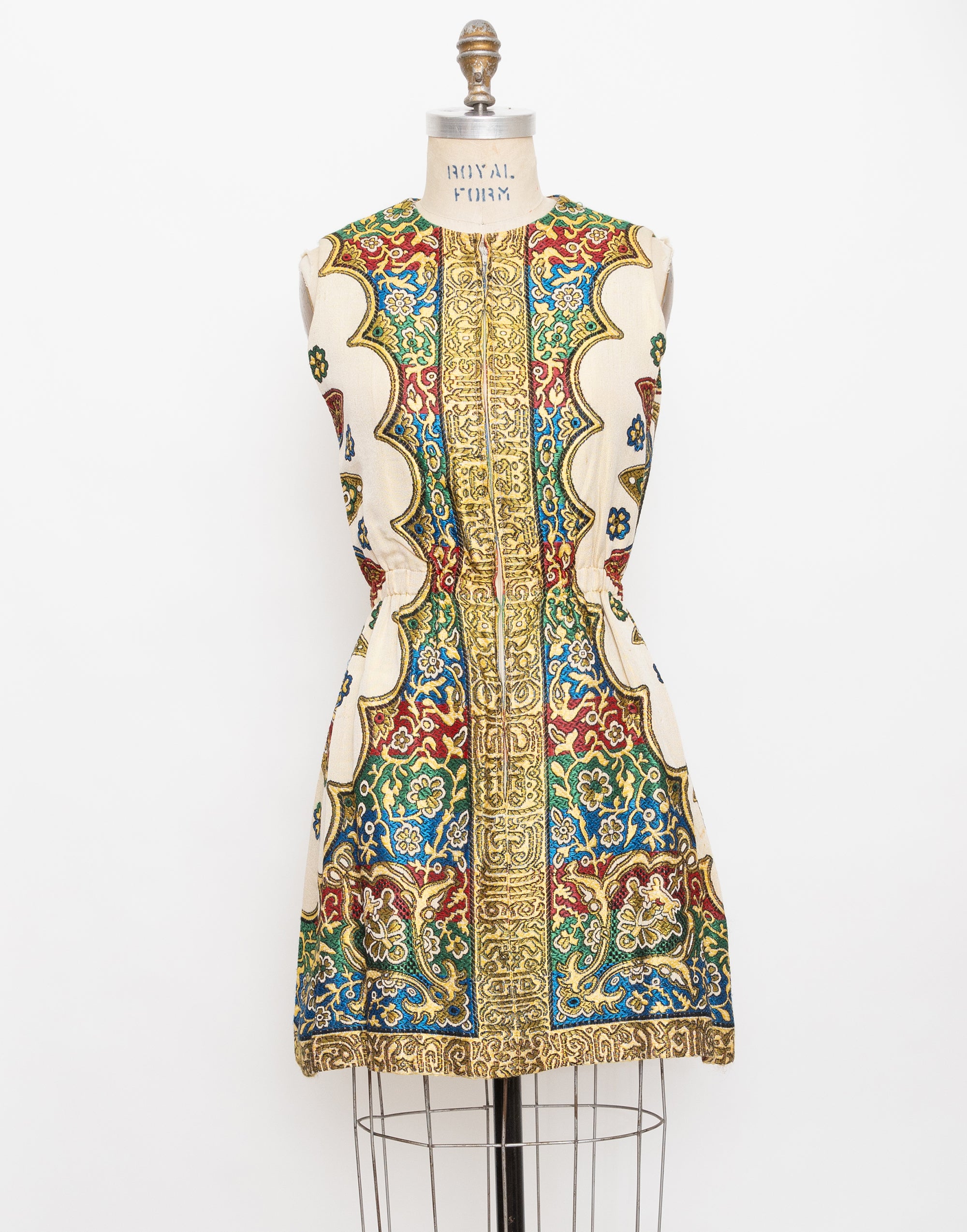 70s mr gee medieval print brocade hostess dress