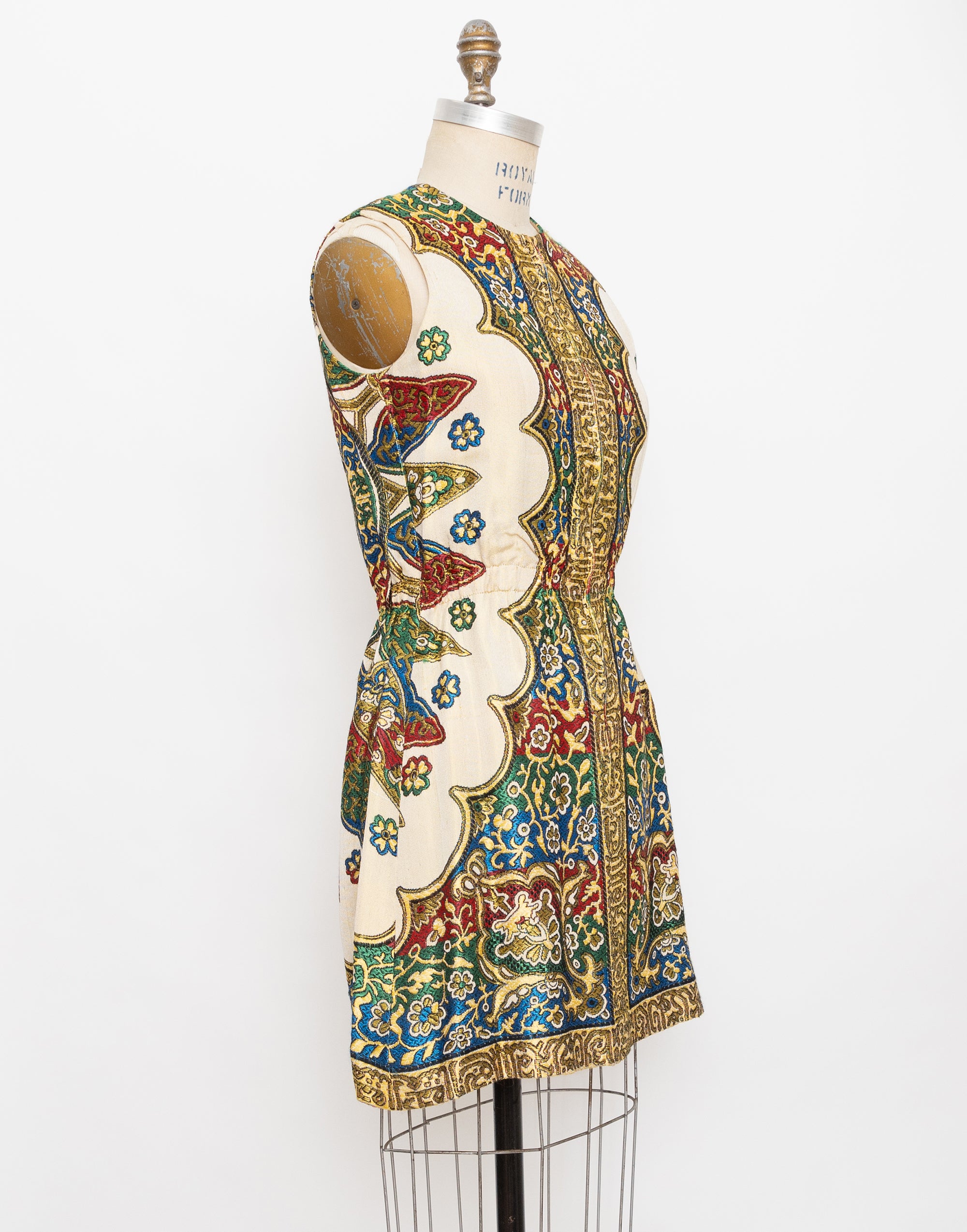 70s mr gee medieval print brocade hostess dress