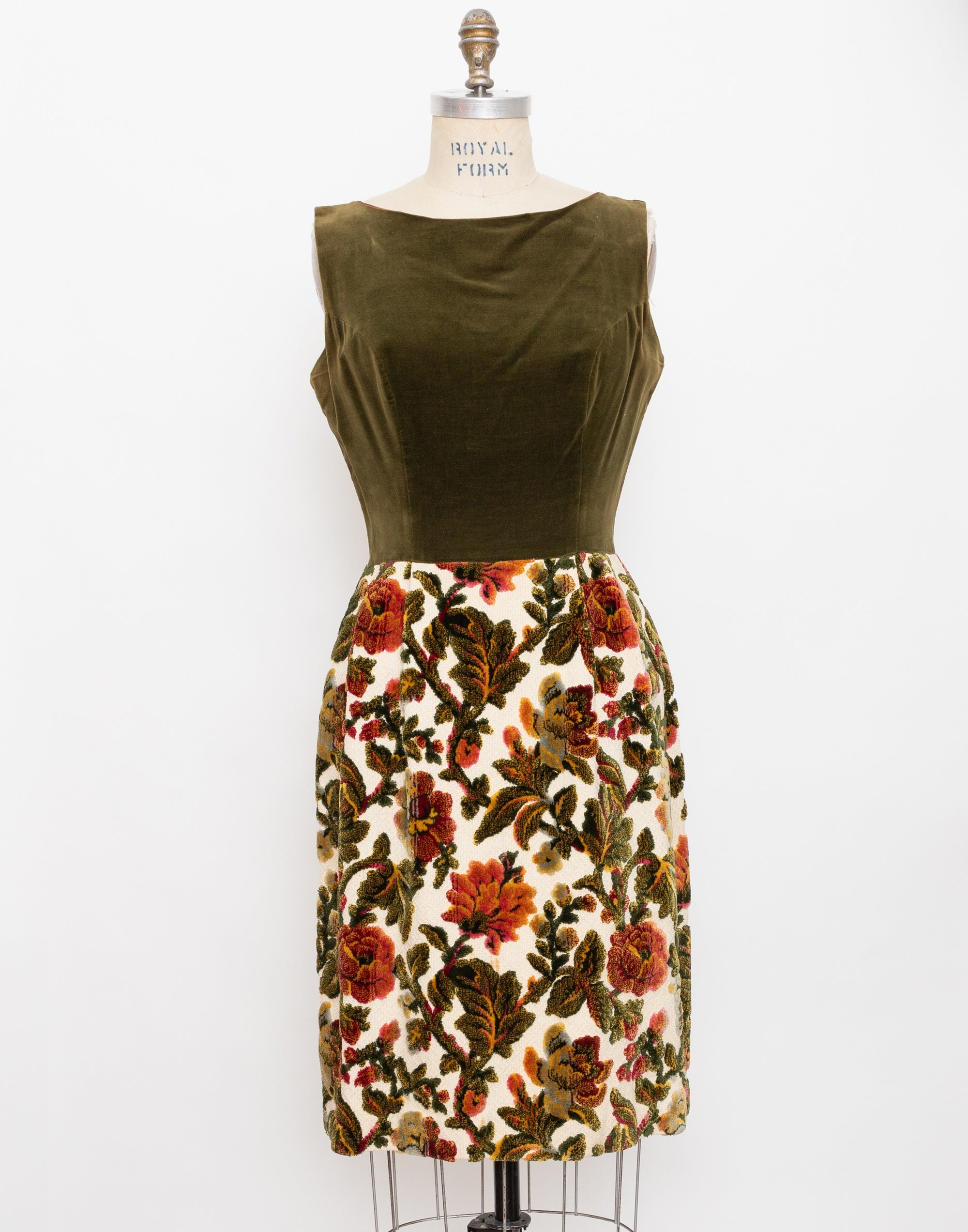 60s olive green upholstery floral shift dress