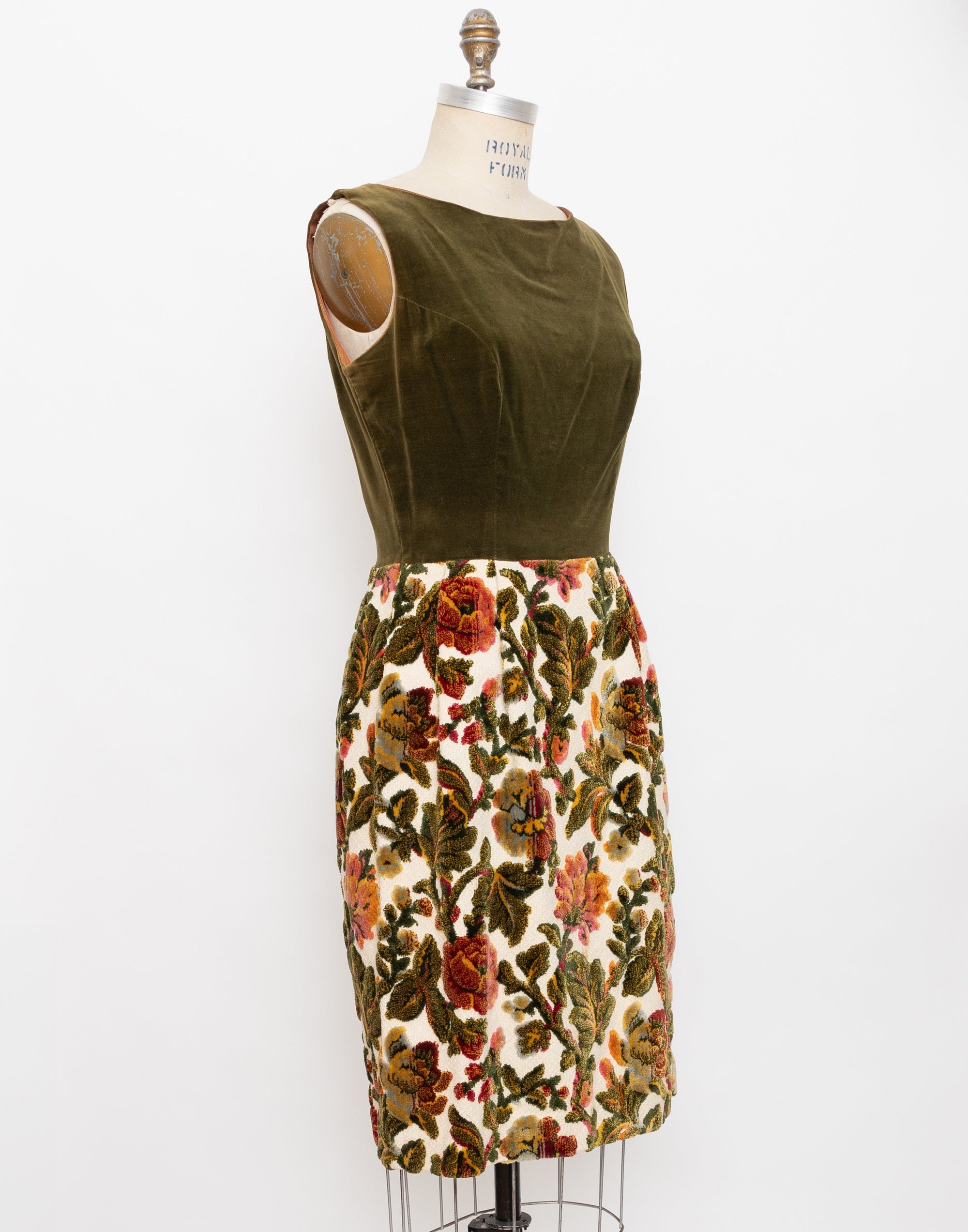 60s olive green upholstery floral shift dress