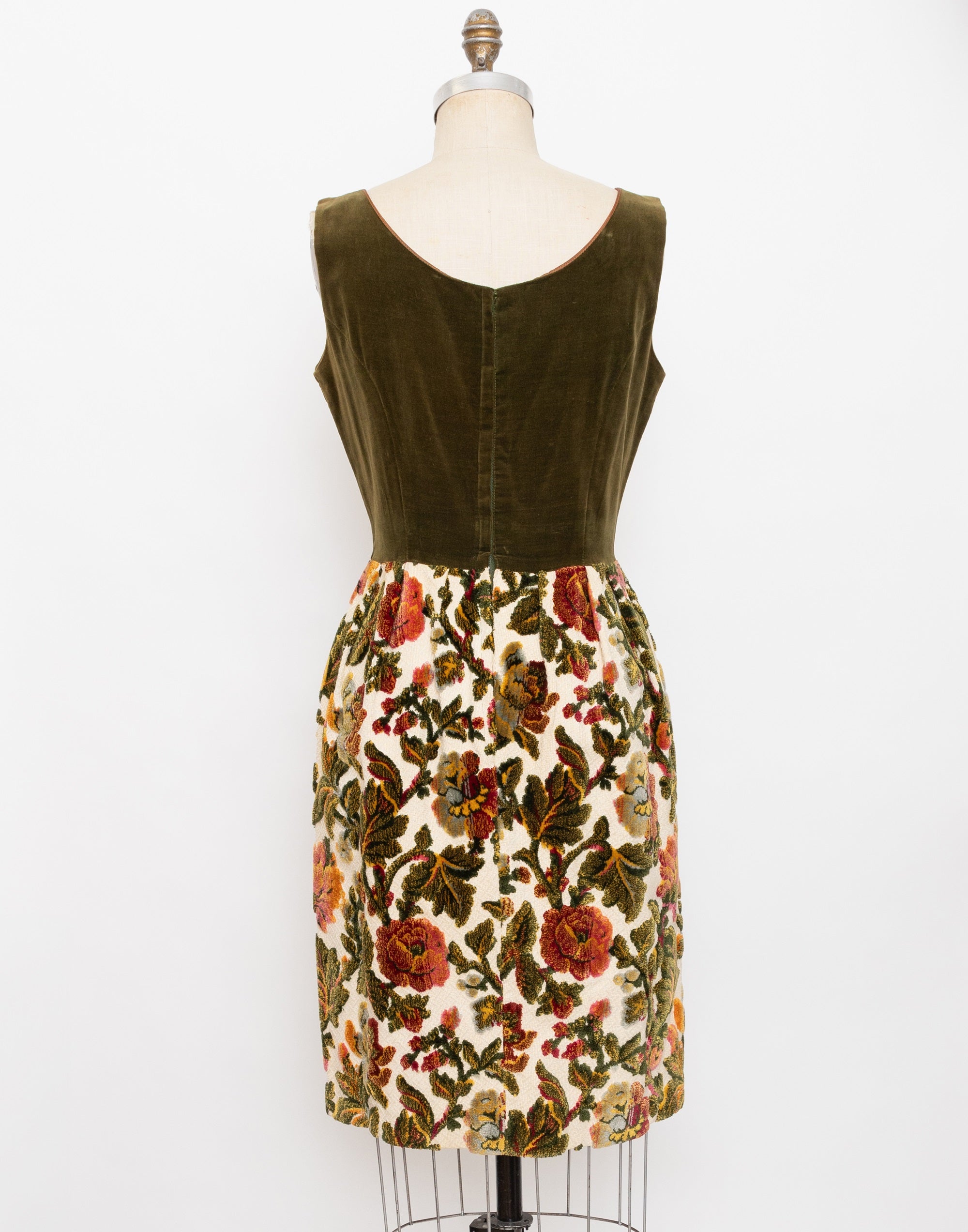 60s olive green upholstery floral shift dress