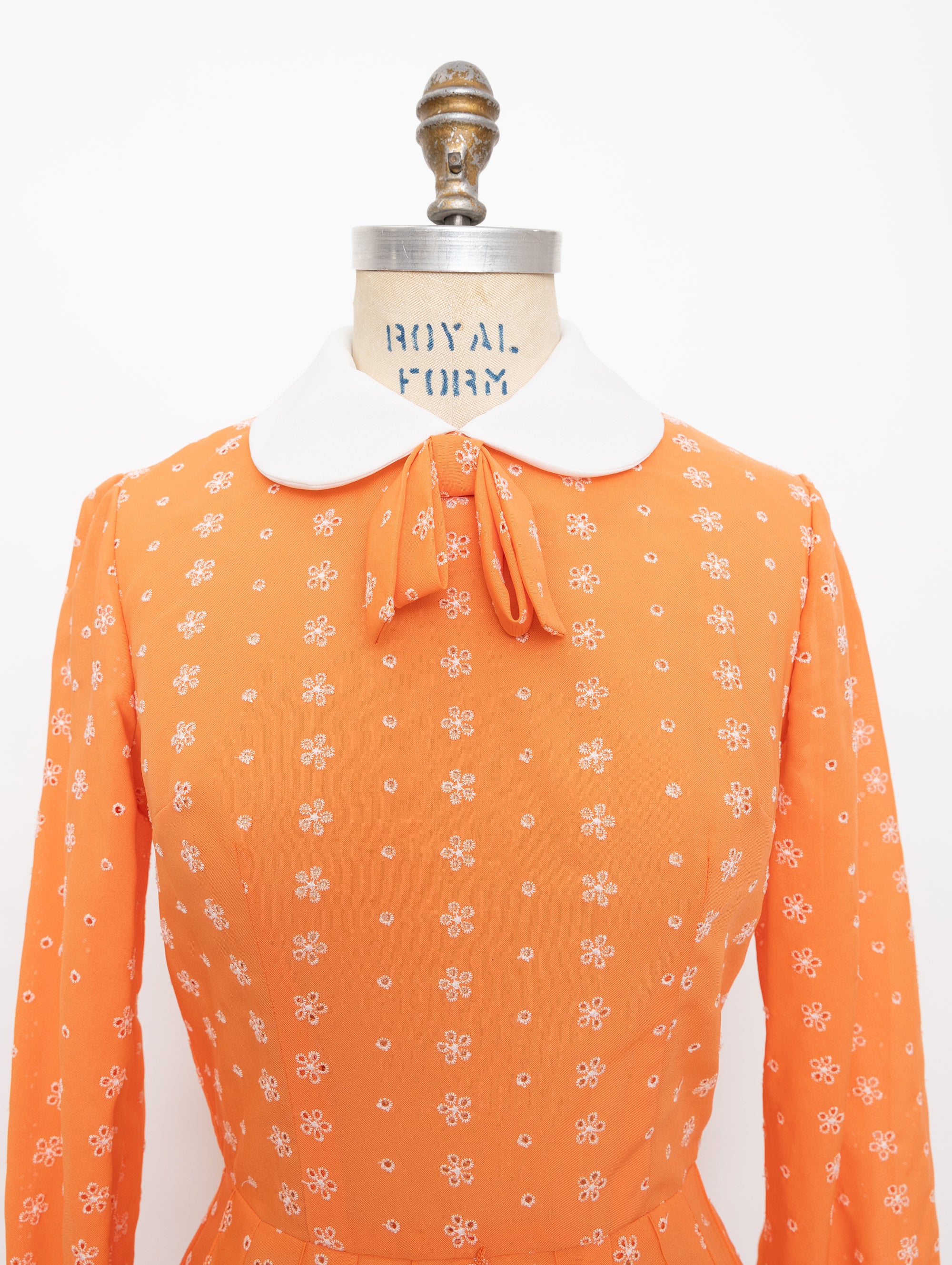 60s Herman Marcus orange eyelet long sleeve dress with white peter pan collar + cuffs 5