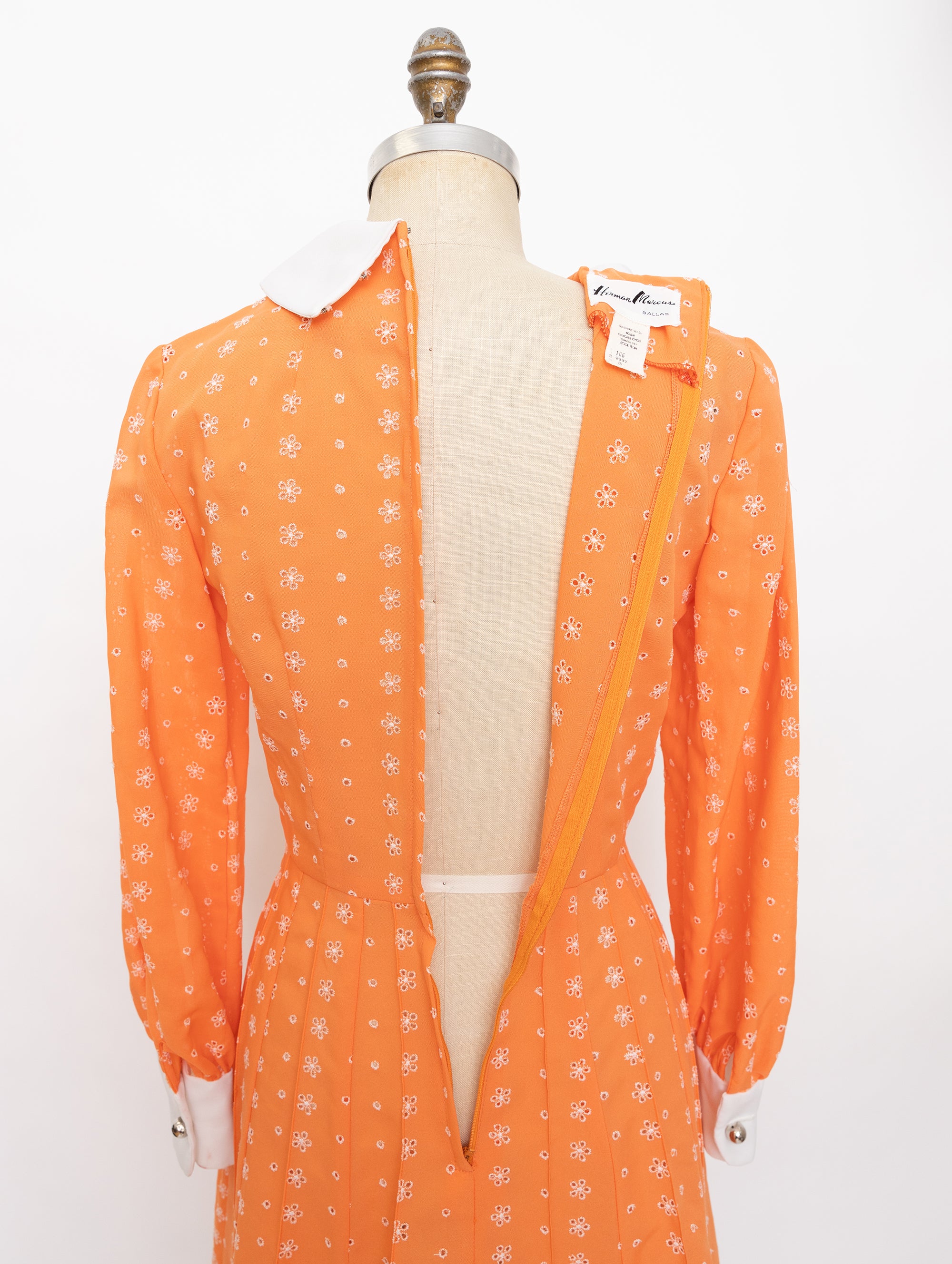 60s Herman Marcus orange eyelet long sleeve dress with white peter pan collar + cuffs 6