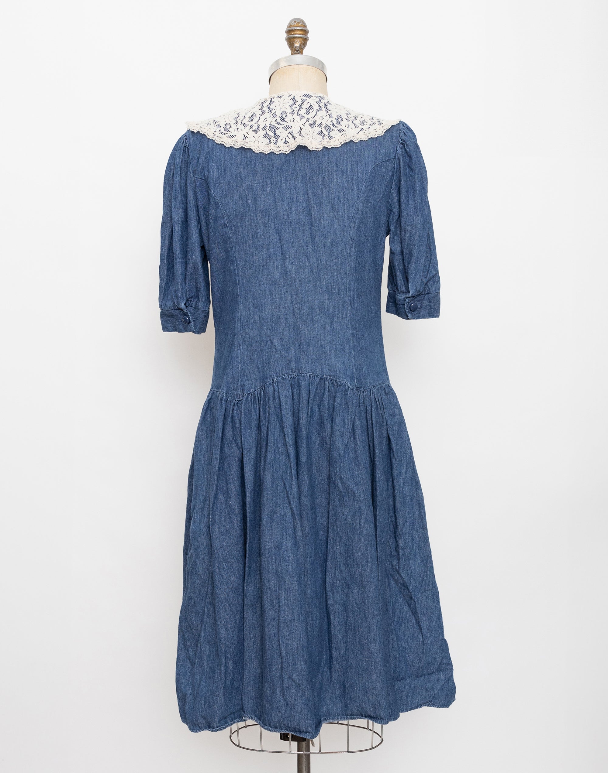 90s denim short sleeve dress with lace collar