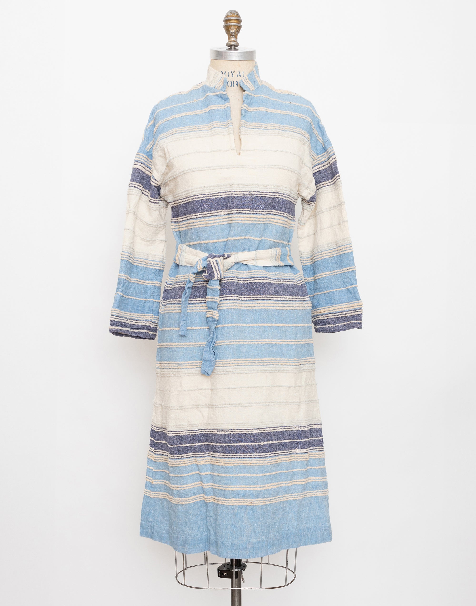 70s light and dark blue cream striped long sleeve dress