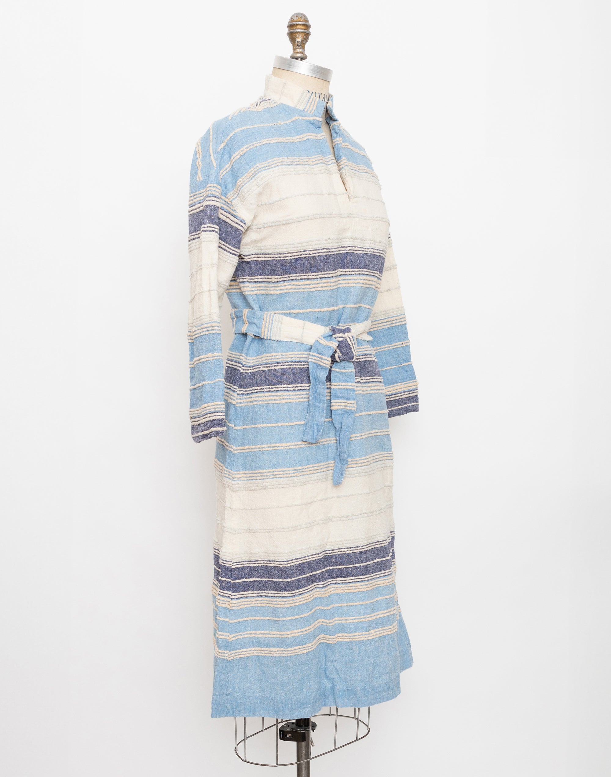 70s light and dark blue cream striped long sleeve dress