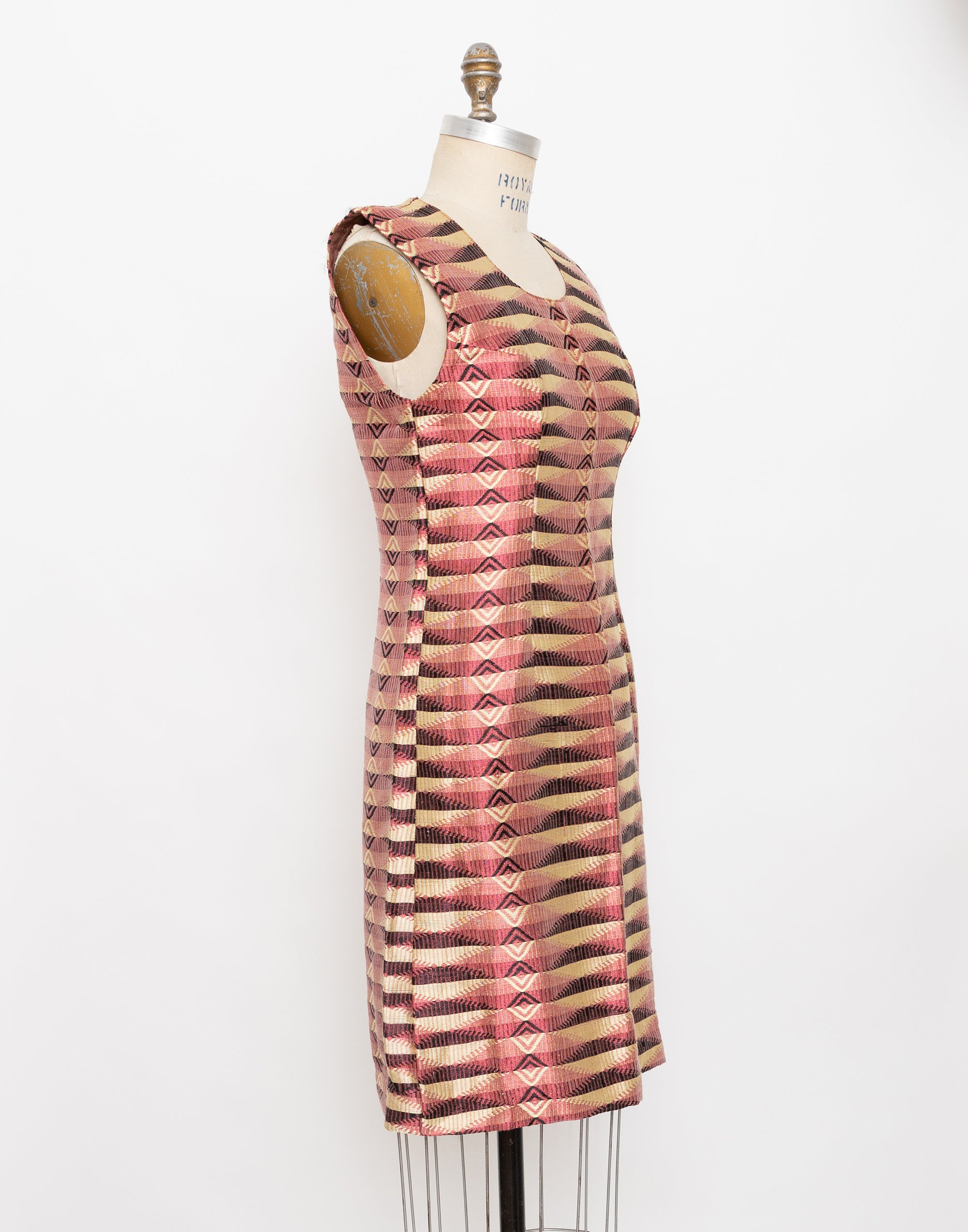 70s fuchsia and gold abstract jacquard sleeveless dress