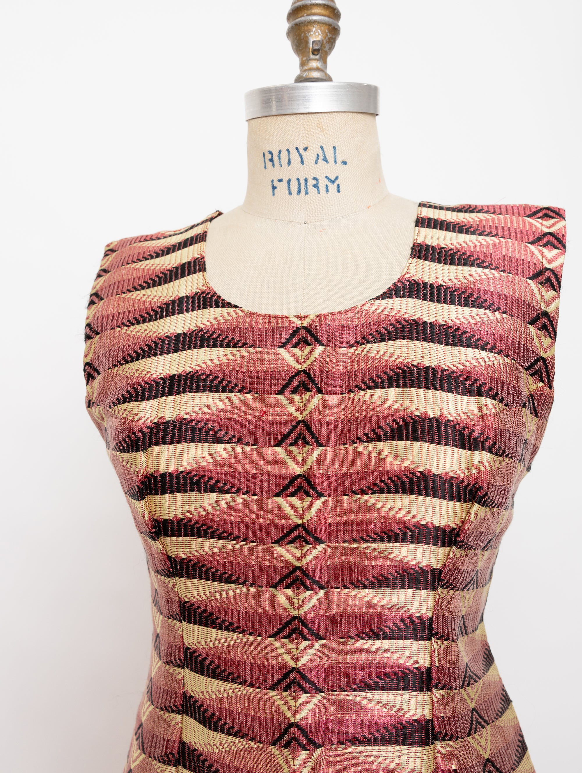 70s fuchsia and gold abstract jacquard sleeveless dress