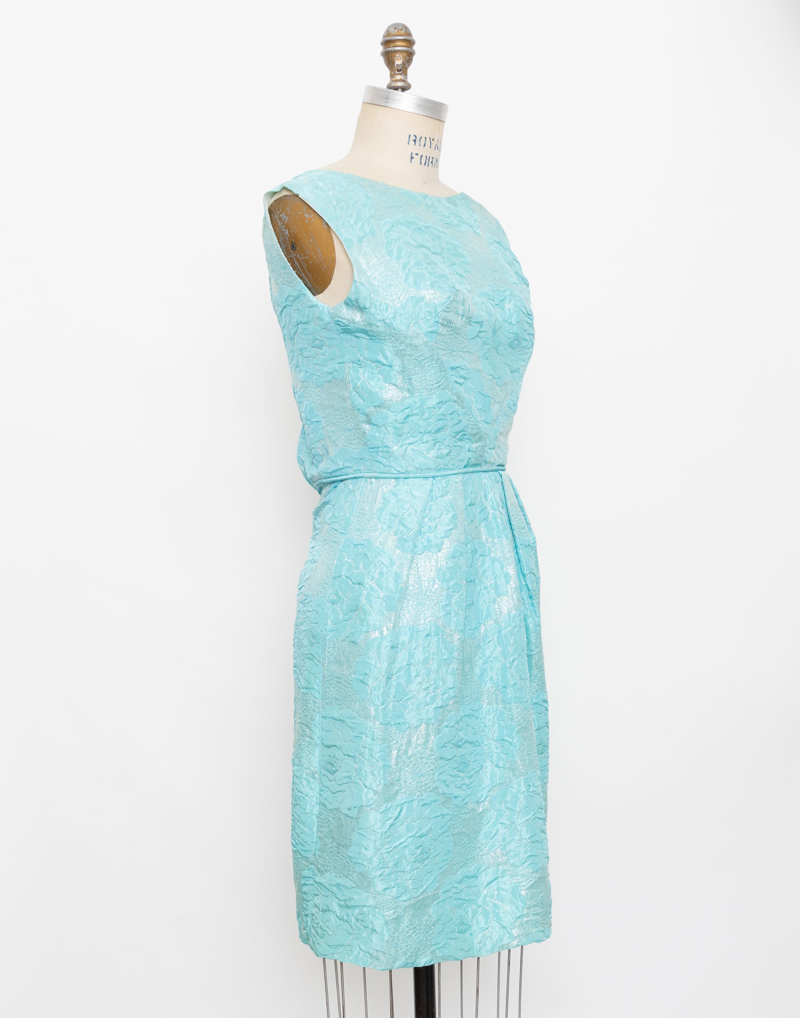 60s aqua metallic brocade flower + spiderweb wiggle dress