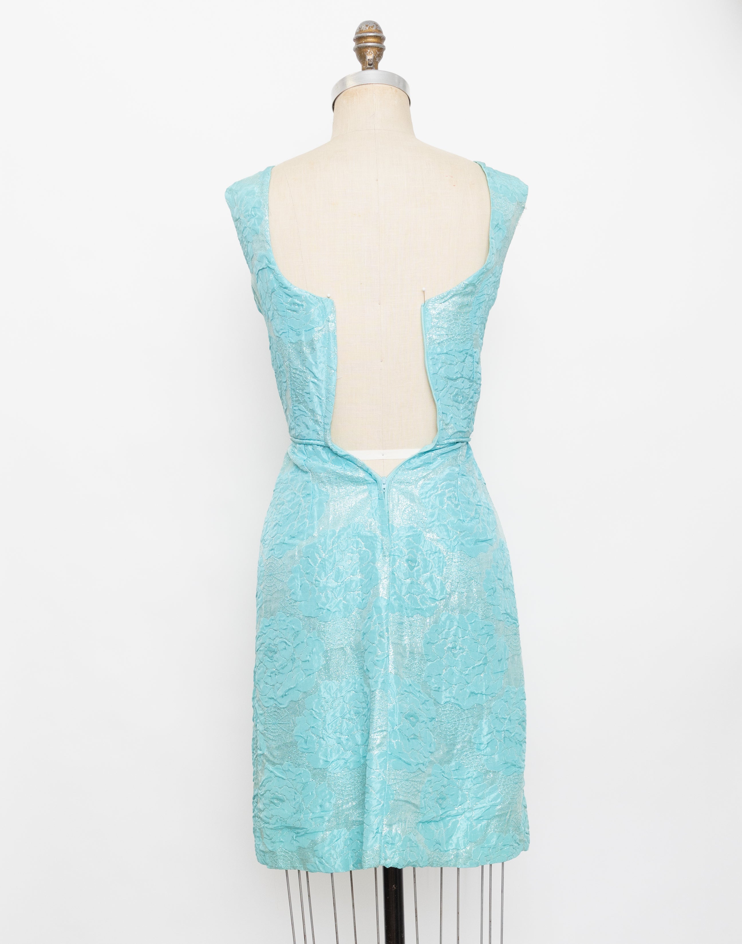 60s aqua metallic brocade flower + spiderweb wiggle dress