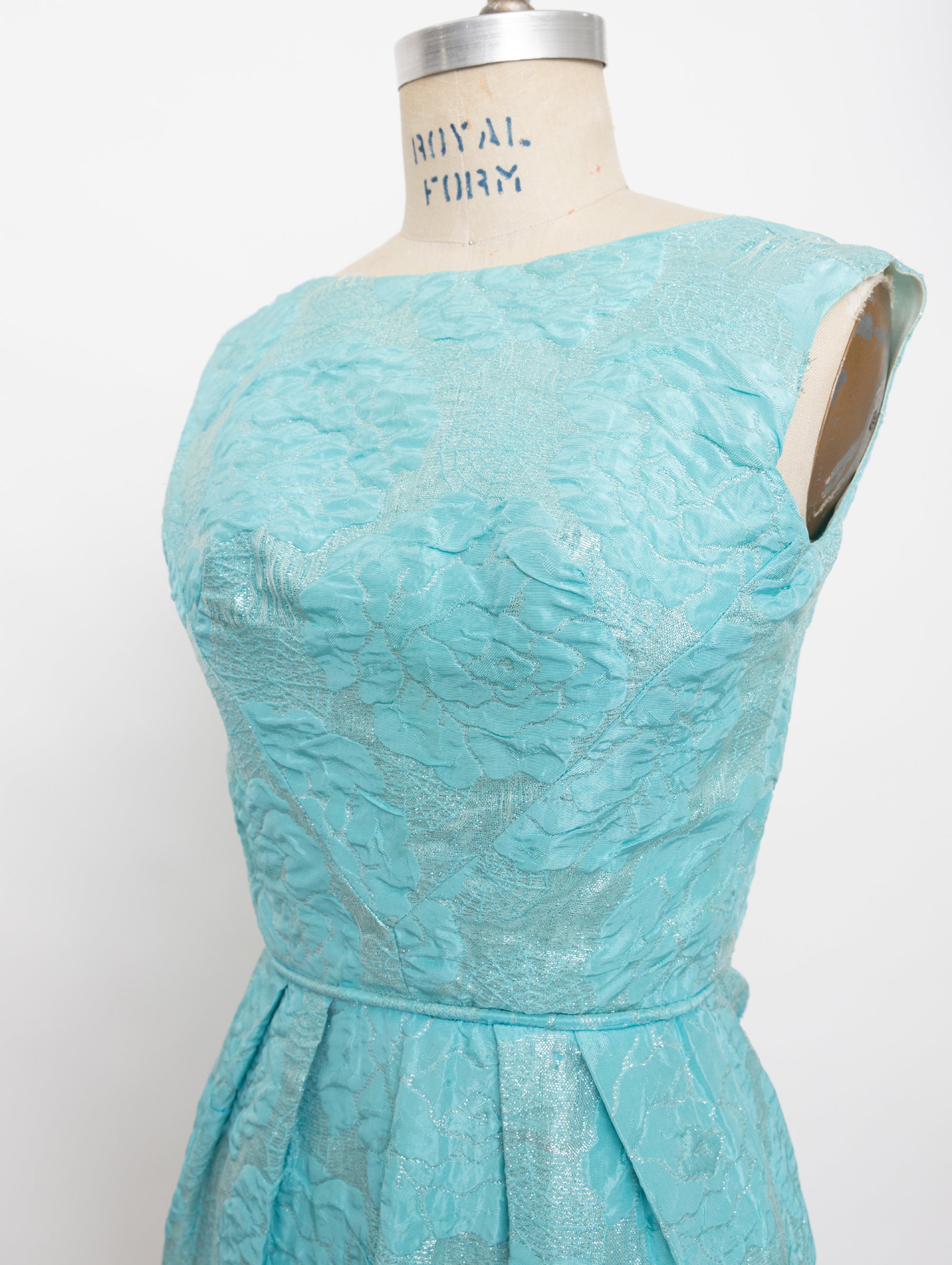 60s aqua metallic brocade flower + spiderweb wiggle dress