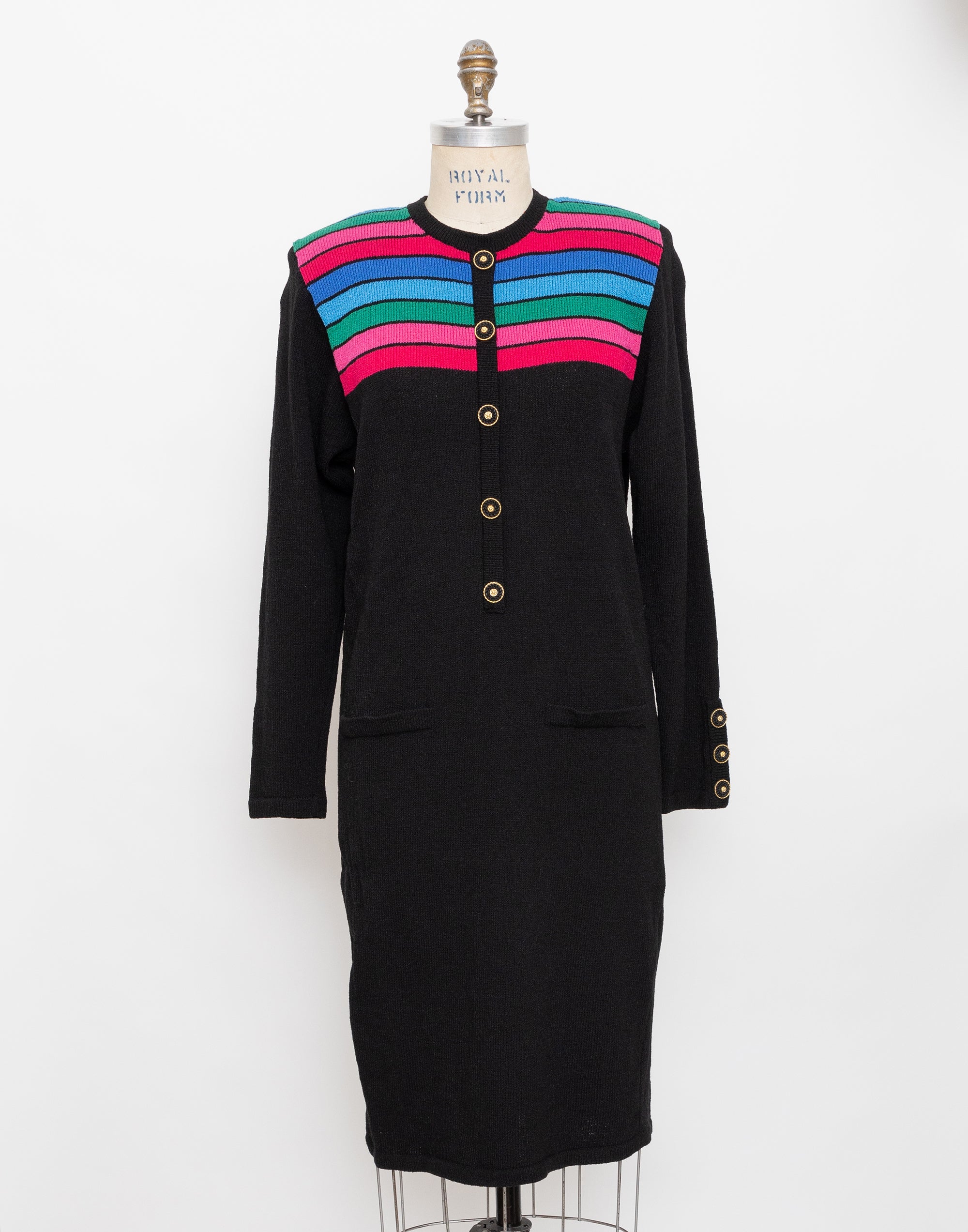80s black long sleeve sweater dress with multistripes