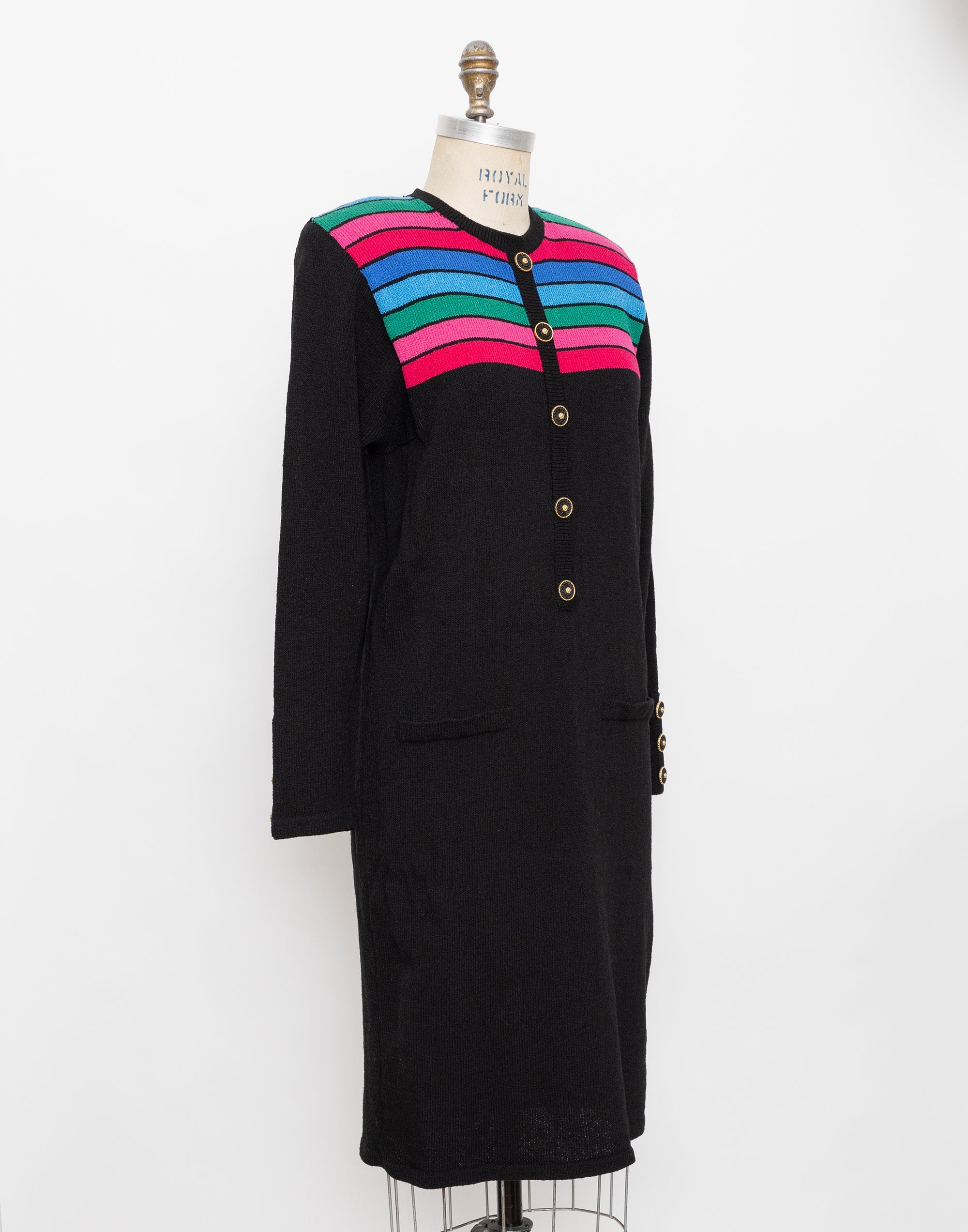 80s black long sleeve sweater dress with multistripes