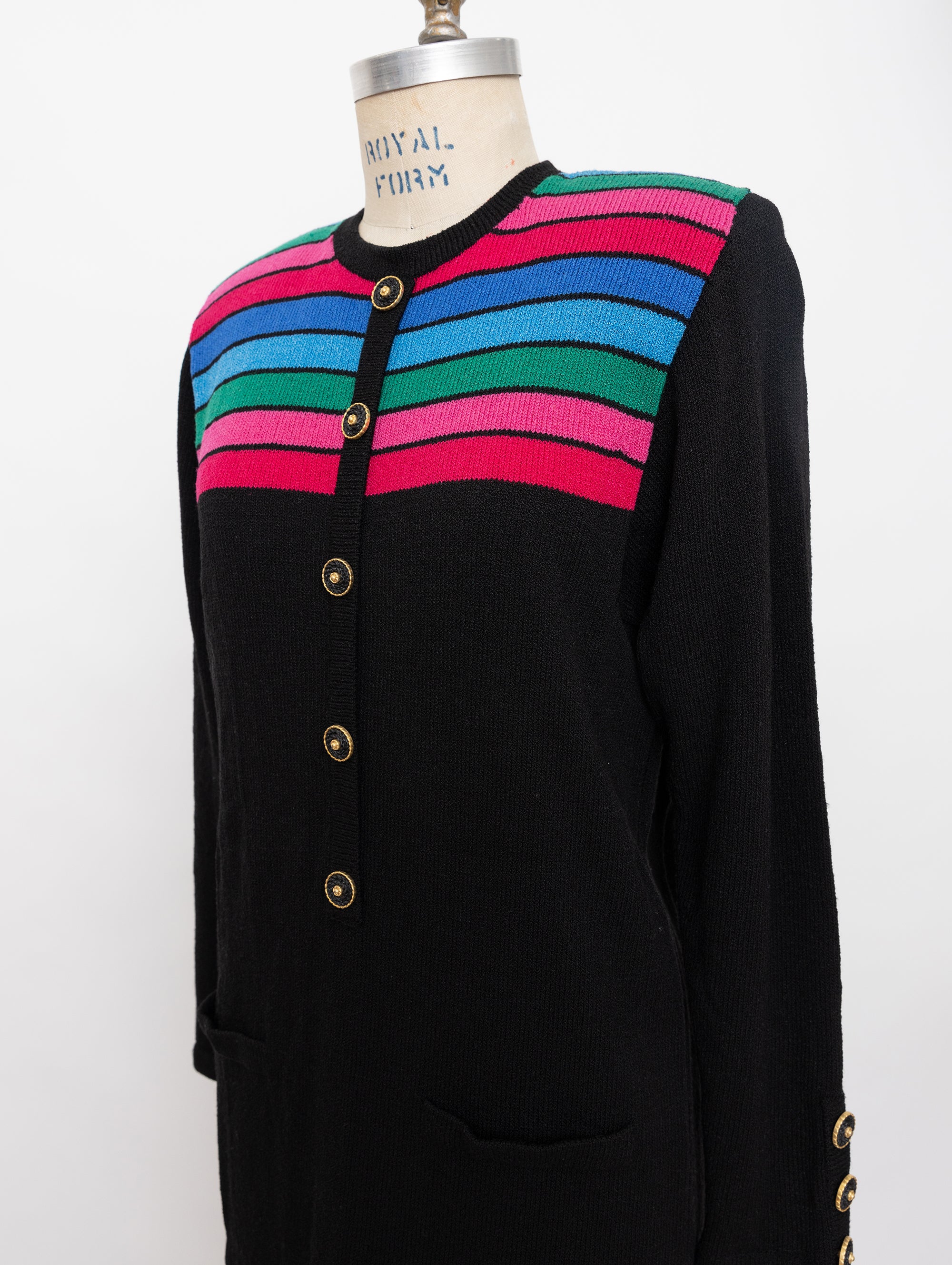 80s black long sleeve sweater dress with multistripes