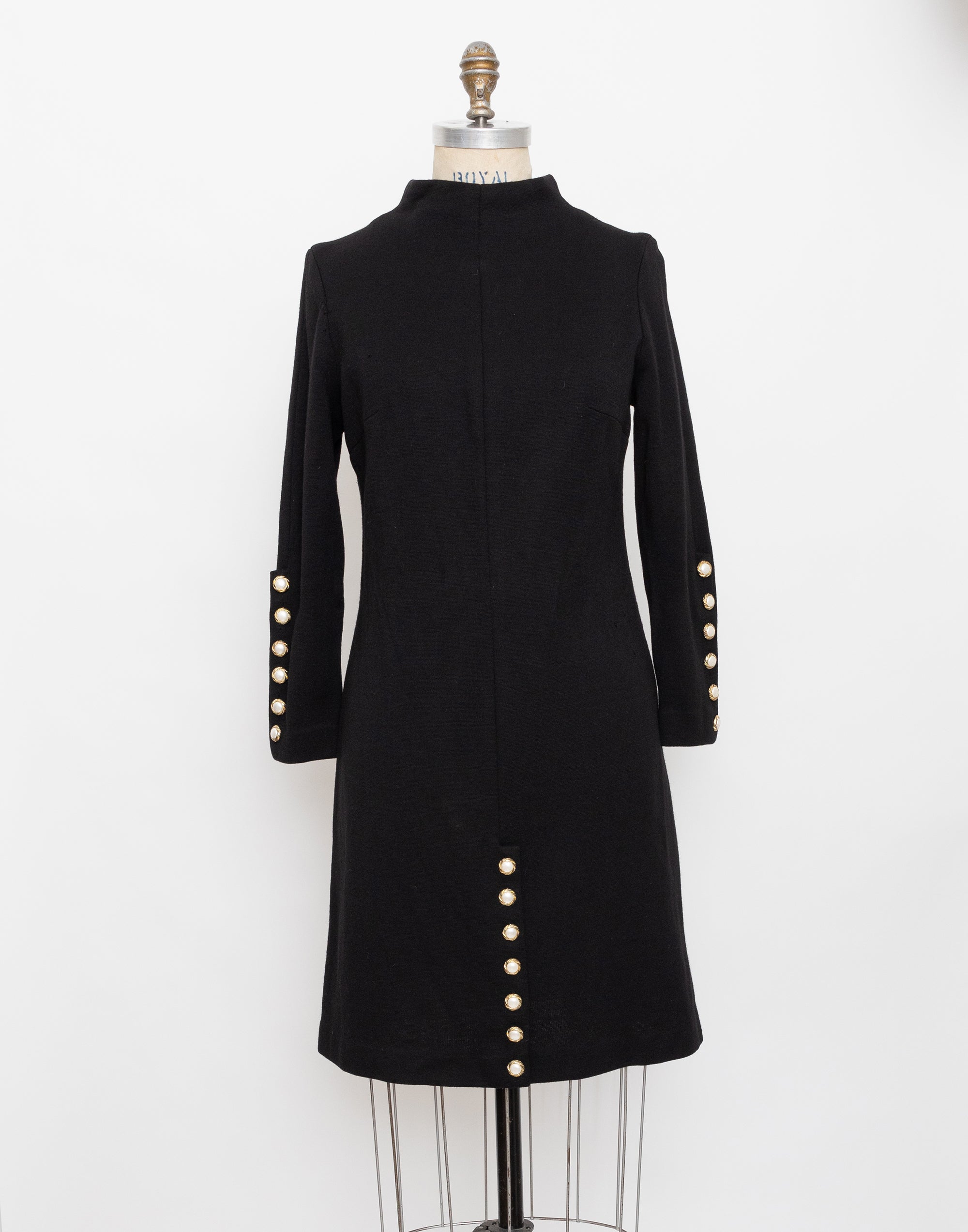 70s black mock neck long sleeve wool dress with pearl button detail