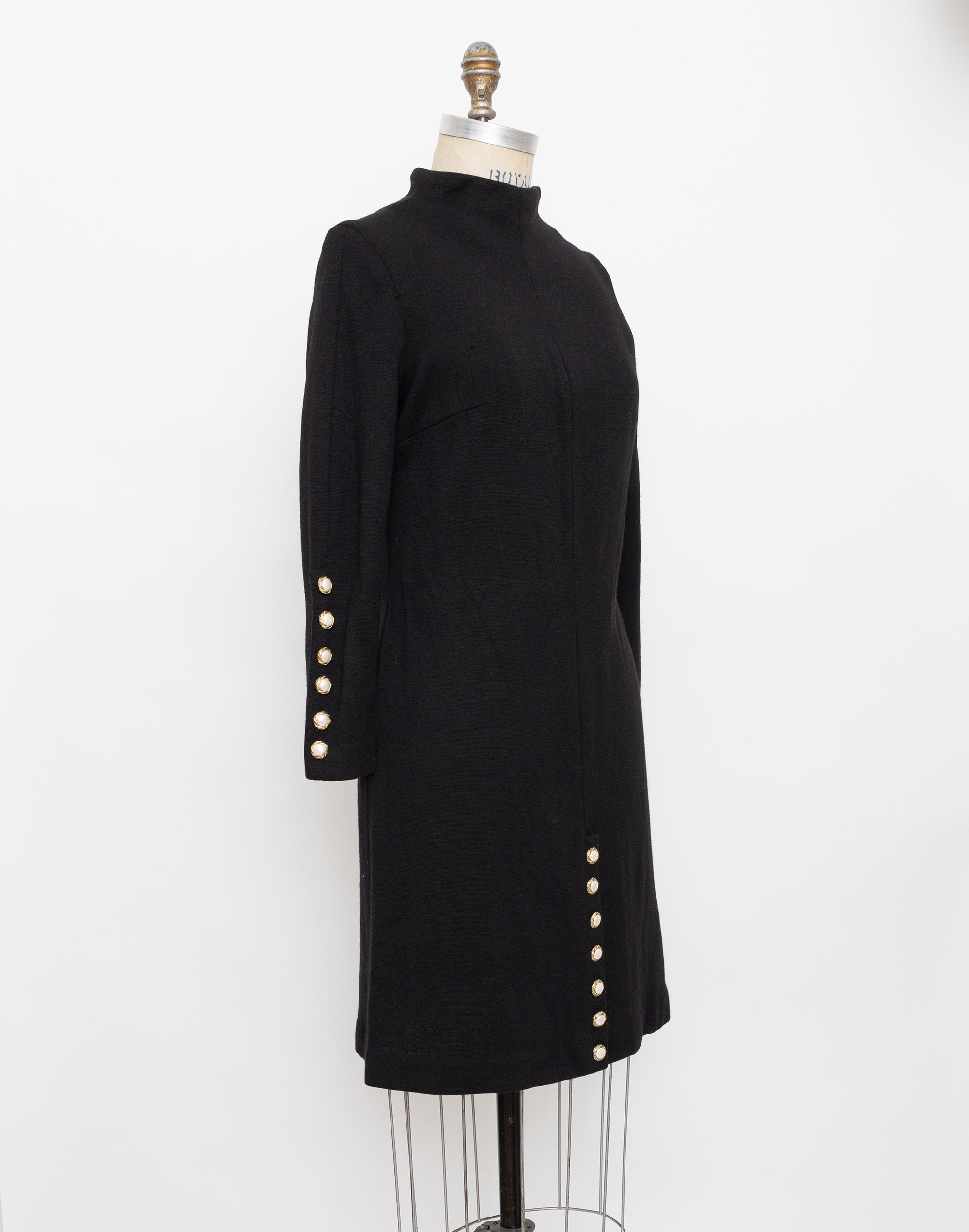 70s black mock neck long sleeve wool dress with pearl button detail