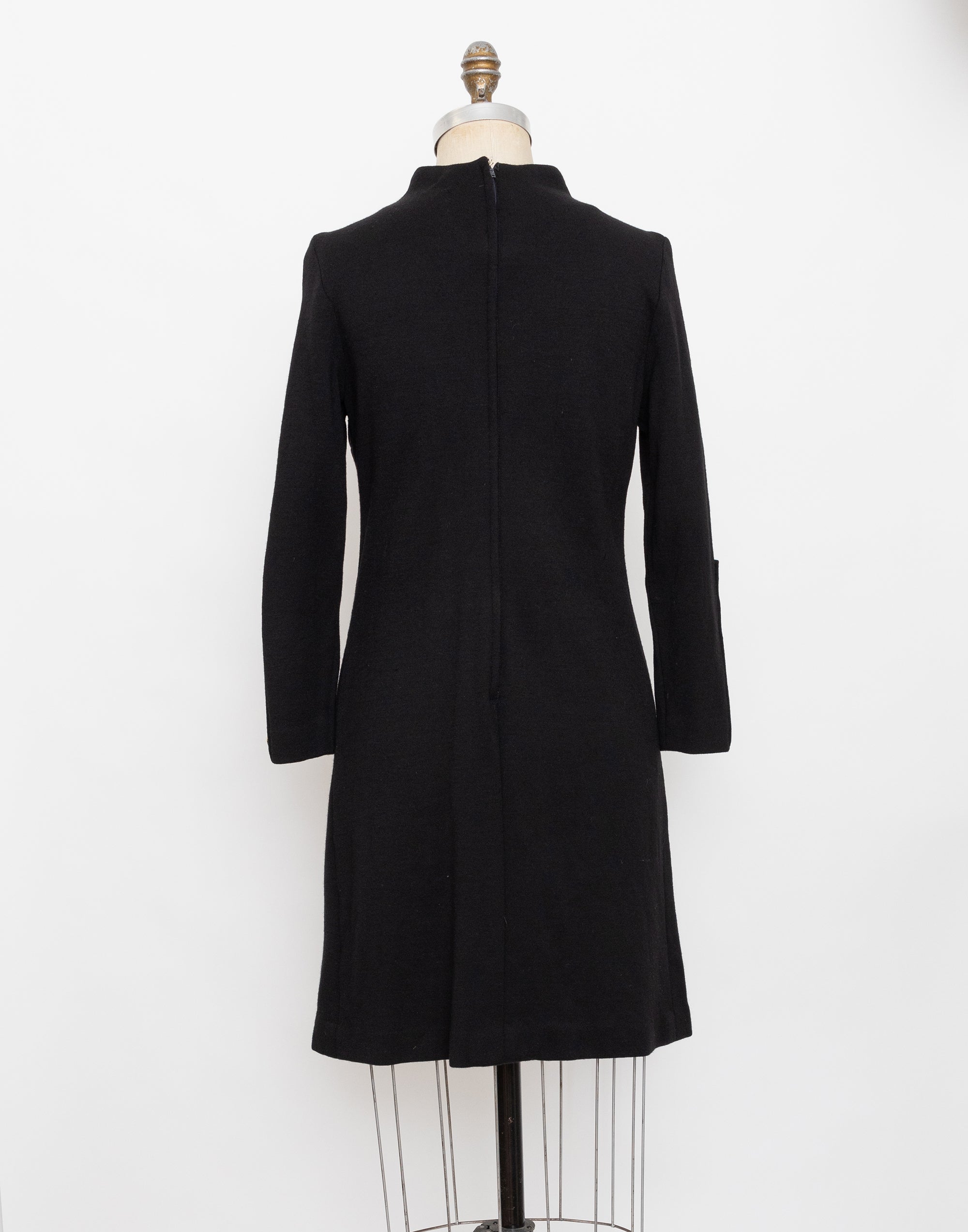70s black mock neck long sleeve wool dress with pearl button detail