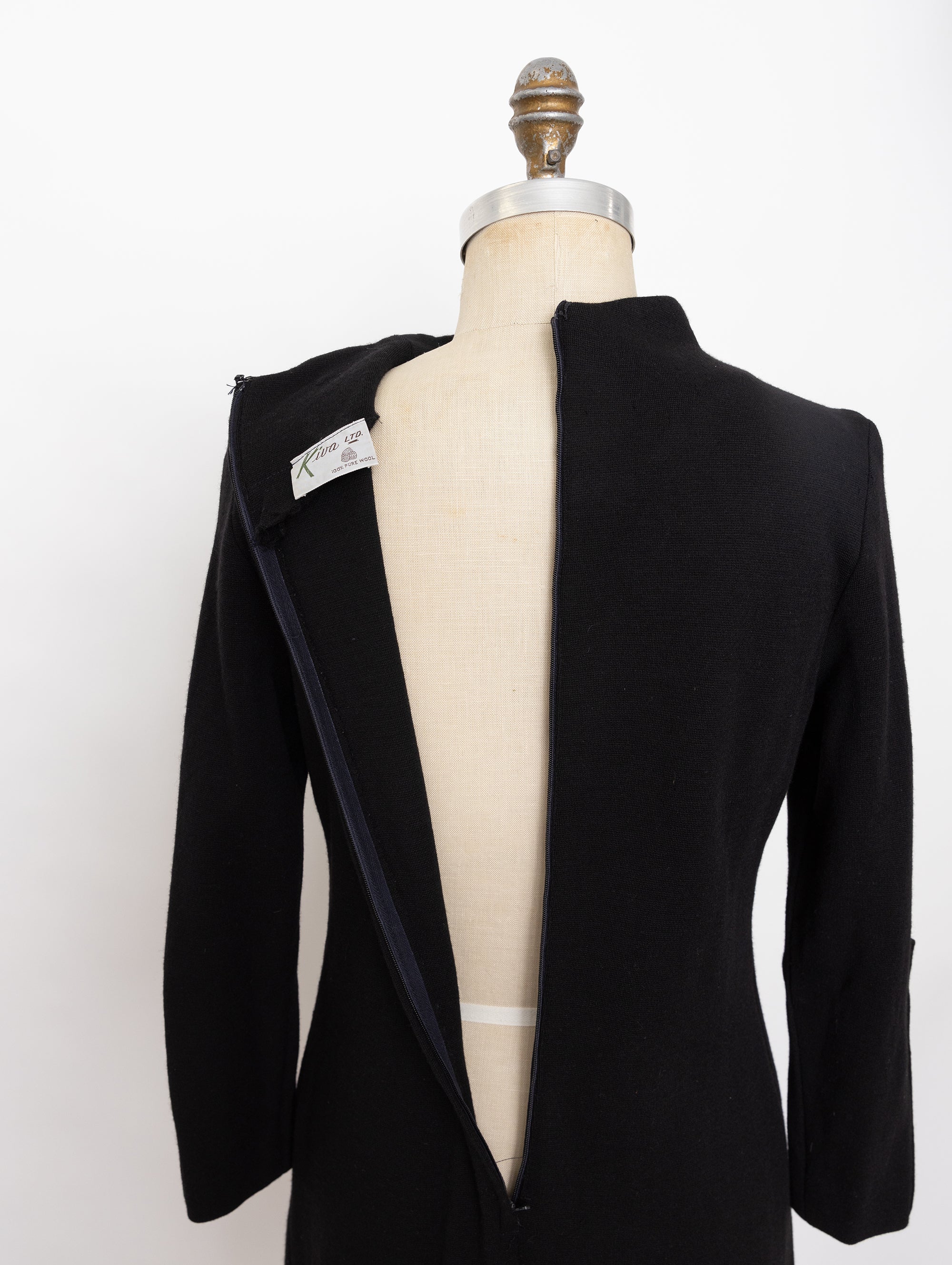 70s black mock neck long sleeve wool dress with pearl button detail