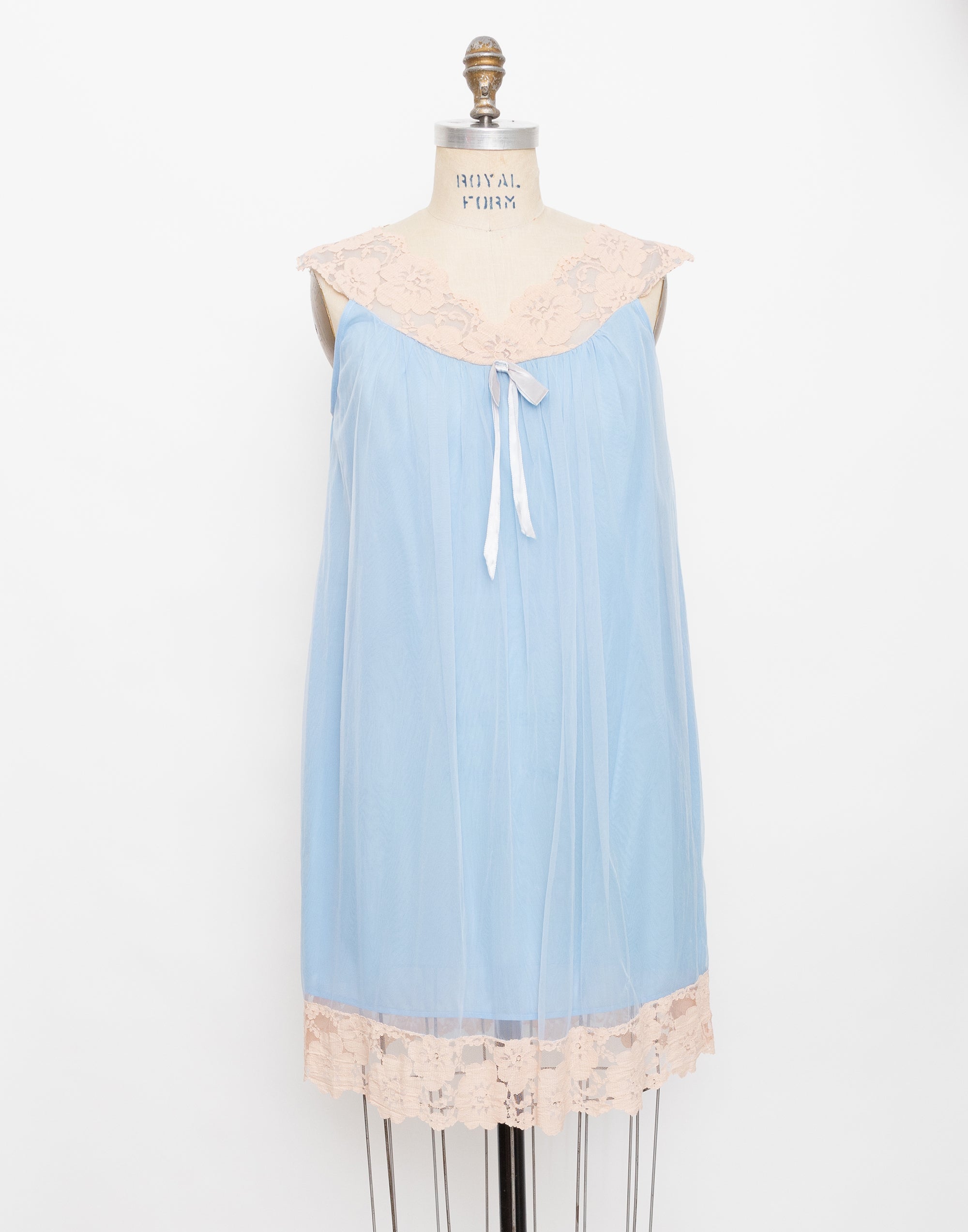 60s light blue tulle nude lace slip