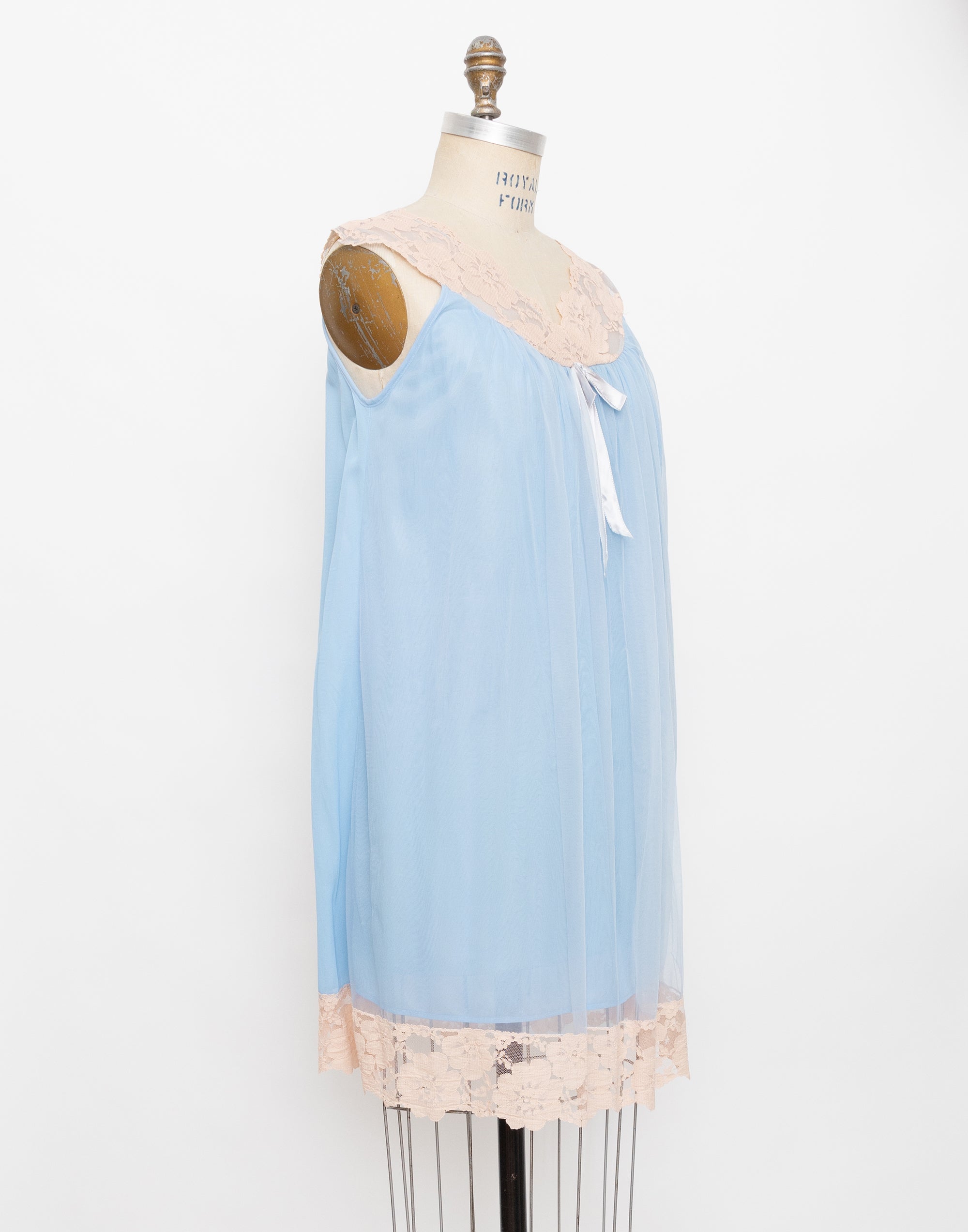 60s light blue tulle nude lace slip